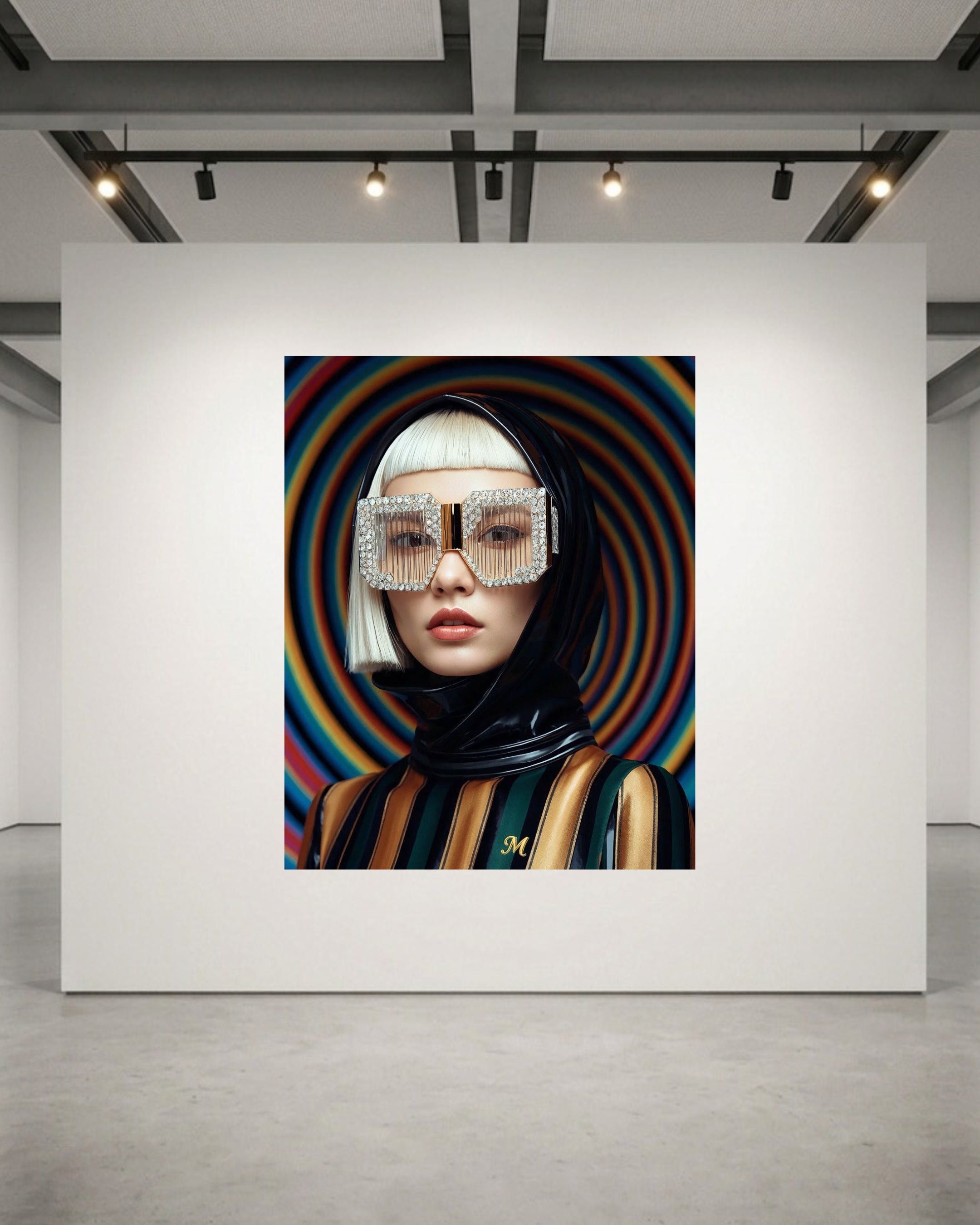 A fashion portrait of a gorgeous asian platinum blonde model set in a luxurious acrylic glass frame displayed on a white gallery wall. The model is wearing a glossy black helmet with crystal-striped sunglasses and a striped black, gold and green outfit against a swirling multicolour background.