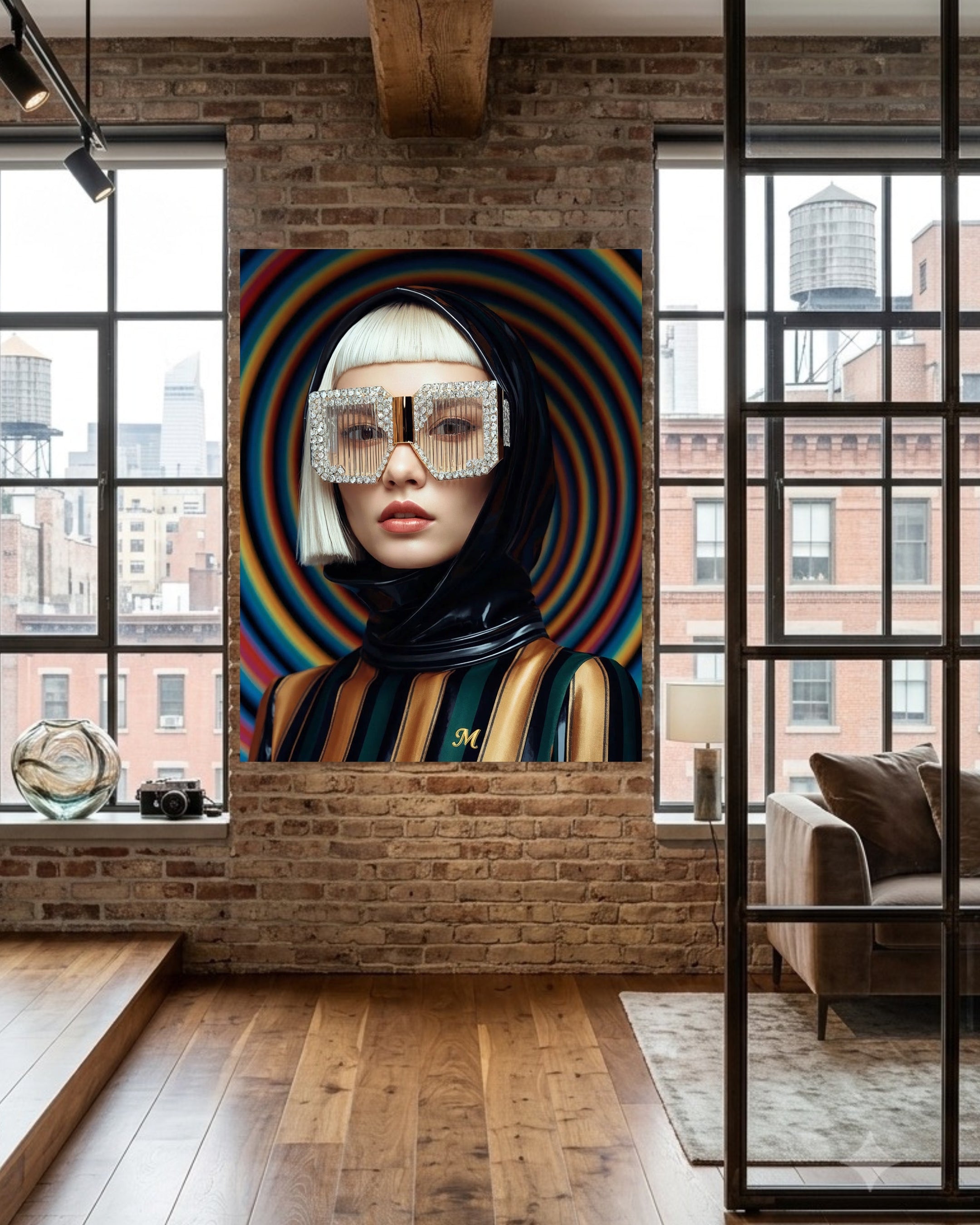 A large canvas wall art print featuring a stylized portrait of a beautiful asian woman, crystal-striped sunglasses, and a black, gold  and green striped hoodie, displayed on a brick wall in a modern loft room with wood floors and large windows.