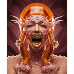 Digital surrealist portrait "Be Mine" featuring a translucent, glass-like bust filled with pastel conversation hearts, accented with gold-fanged teeth and geometric high-fashion rings and bracelets also featuring valentine conversation hearts. Bright orange and burgundy colours. Artwork by MizDragonfly.