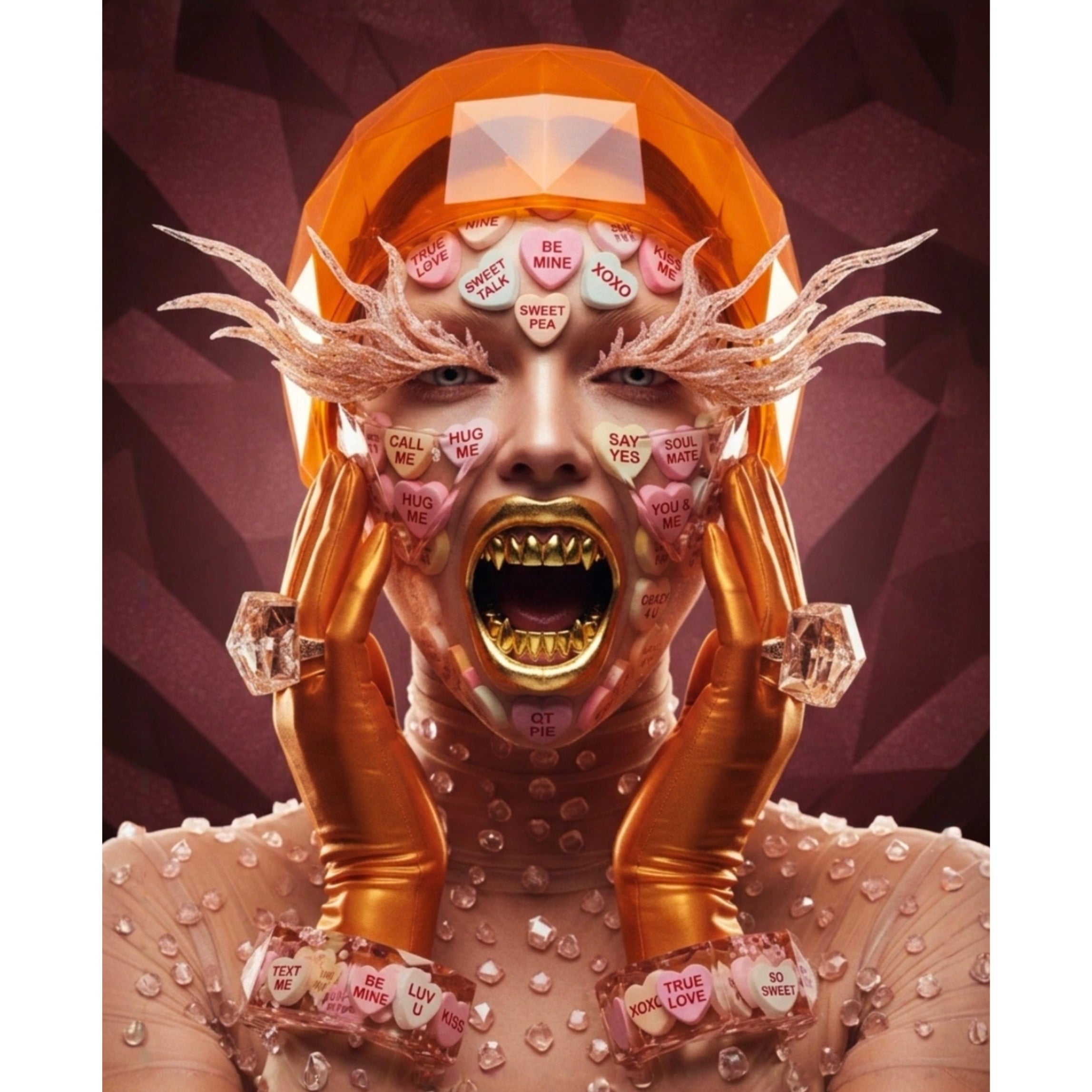 Digital surrealist portrait "Be Mine" featuring a translucent, glass-like bust filled with pastel conversation hearts, accented with gold-fanged teeth and geometric high-fashion rings and bracelets also featuring valentine conversation hearts. Bright orange and burgundy colours. Artwork by MizDragonfly.