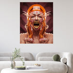 Lifestyle illustration of the "Be Mine" artwork showing hyper-realistic textures of melting sugar, crystalline skin, and a golden dental fang symbolizing the predatory side of consumerism feature don a wall in a white modern living room.