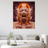 Lifestyle illustration of the "Be Mine" artwork showing hyper-realistic textures of melting sugar, crystalline skin, and a golden dental fang symbolizing the predatory side of consumerism feature don a wall in a white modern living room.