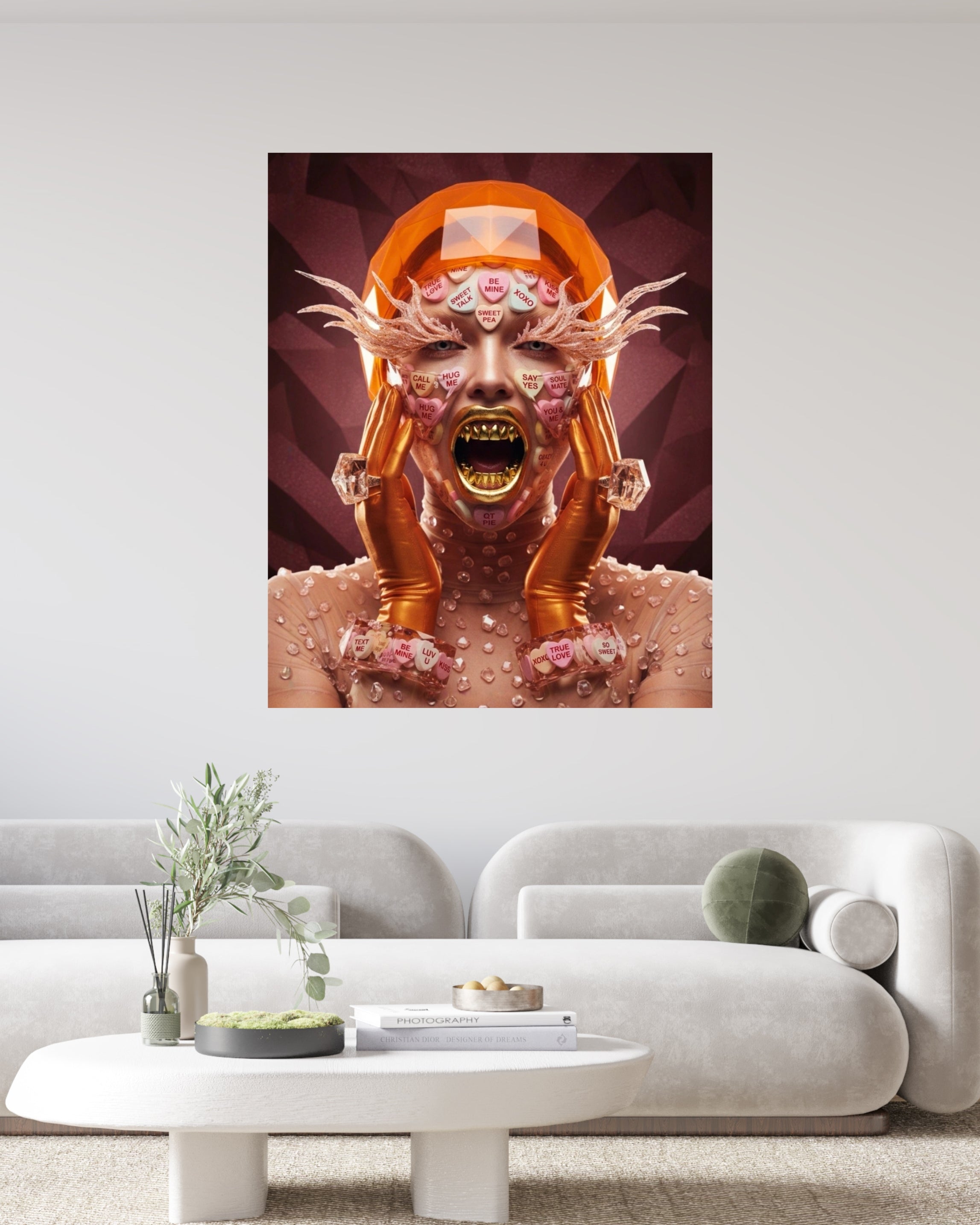 Lifestyle illustration of the "Be Mine" artwork showing hyper-realistic textures of melting sugar, crystalline skin, and a golden dental fang symbolizing the predatory side of consumerism feature don a wall in a white modern living room.