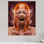 MizDragonfly Sugar Rush Series: Be Mine fine art displaying Valentine conversation heart, bright orange and deep burgundy colours with the artwork mounted on a plain office wall.