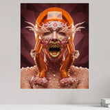 MizDragonfly Sugar Rush Series: Be Mine fine art displaying Valentine conversation heart, bright orange and deep burgundy colours with the artwork mounted on a plain office wall.