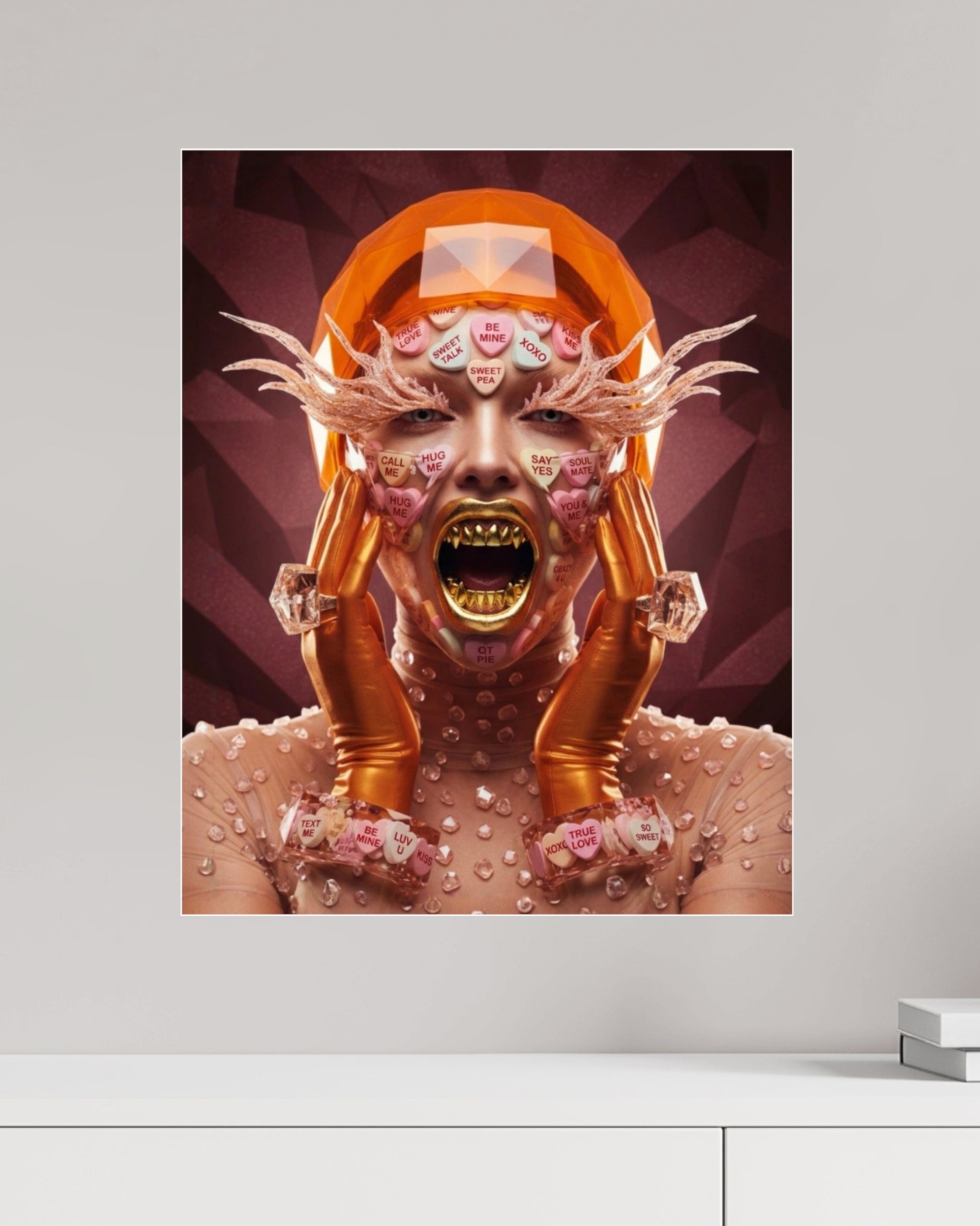 MizDragonfly Sugar Rush Series: Be Mine fine art displaying Valentine conversation heart, bright orange and deep burgundy colours with the artwork mounted on a plain office wall.