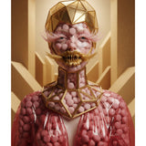 Eye Candy digital fine art print by MizDragonfly featuring a surrealist portrait of a woman with wide-open eyes, pink sugar eyelashes, pink candy under her skin, a geometric gold cage helmet, and pink candy geometric necklace and red sugar outfit. 