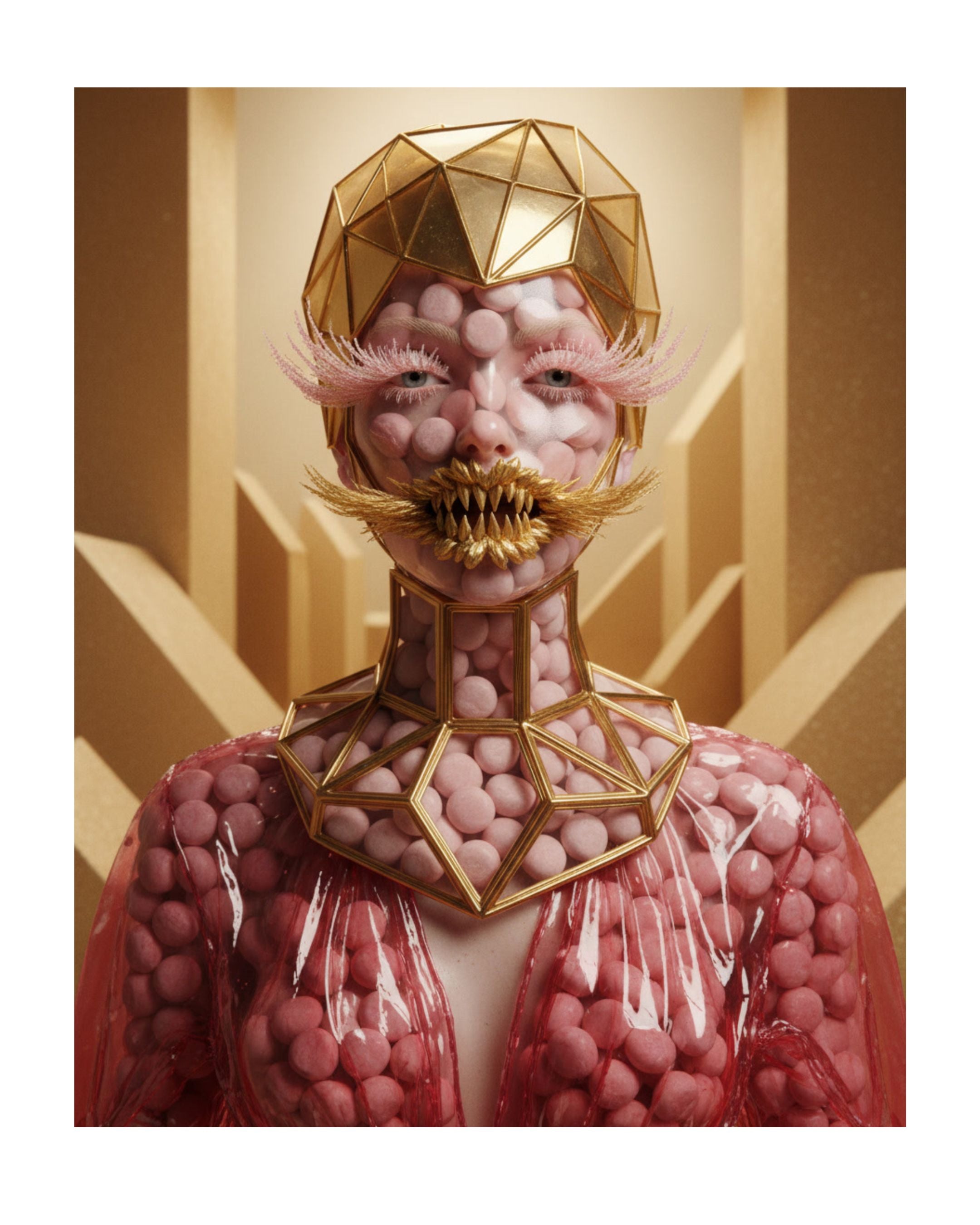Eye Candy digital fine art print by MizDragonfly featuring a surrealist portrait of a woman with wide-open eyes, pink sugar eyelashes, pink candy under her skin, a geometric gold cage helmet, and pink candy geometric necklace and red sugar outfit. 