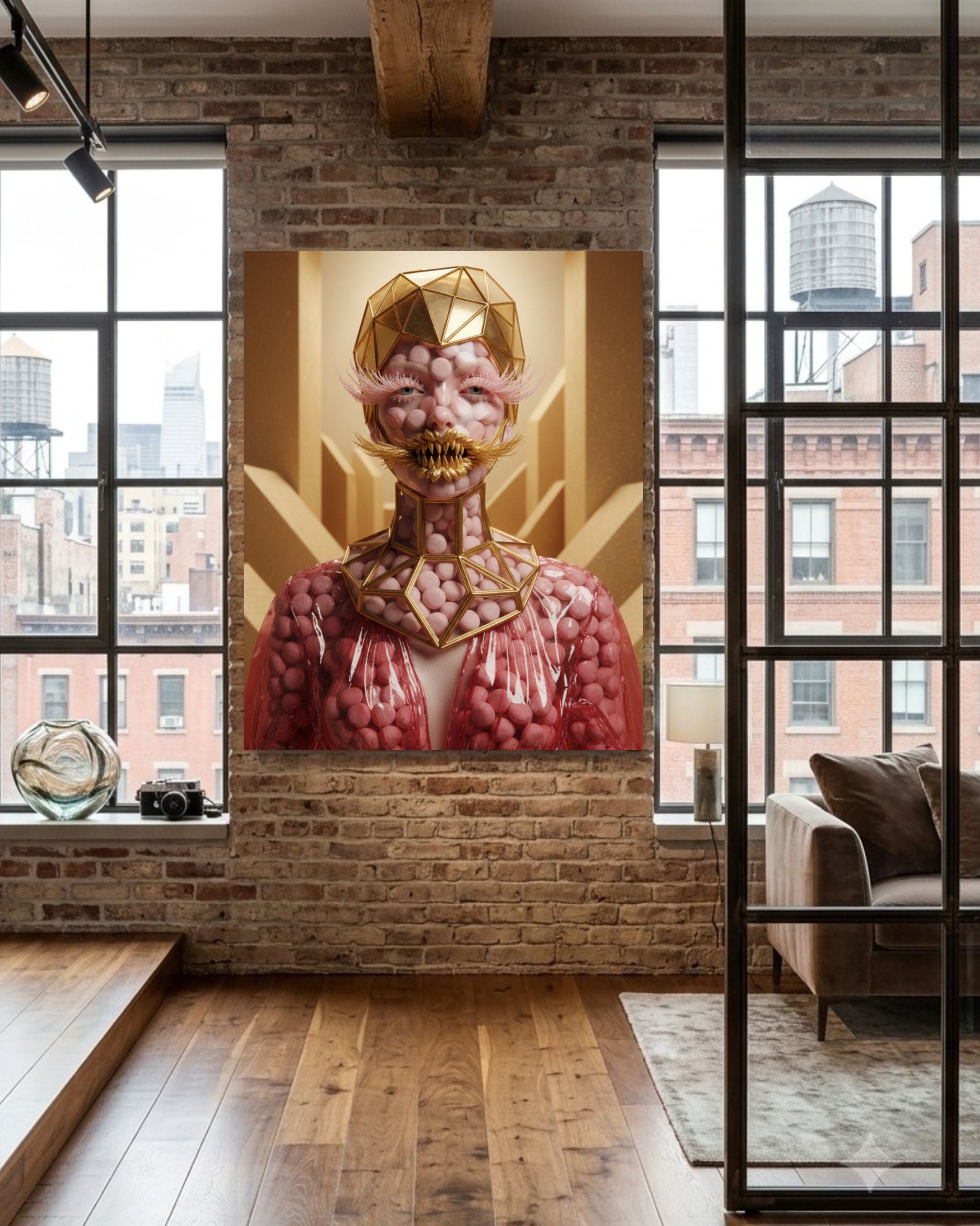 Eye Candy art print by MizDragonfly displayed as a focal piece on a brick wall in an upscale New York loft