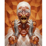 Digital surrealist portrait "Hot Lips" featuring a translucent, glass-like bust filled with hot lips jelly candies accented with gold-fanged teeth and massive geometric high-fashion necklace and bracelets also featuring hot lips jelly candies. Bright orange, burgundy and white colours. Artwork by MizDragonfly.