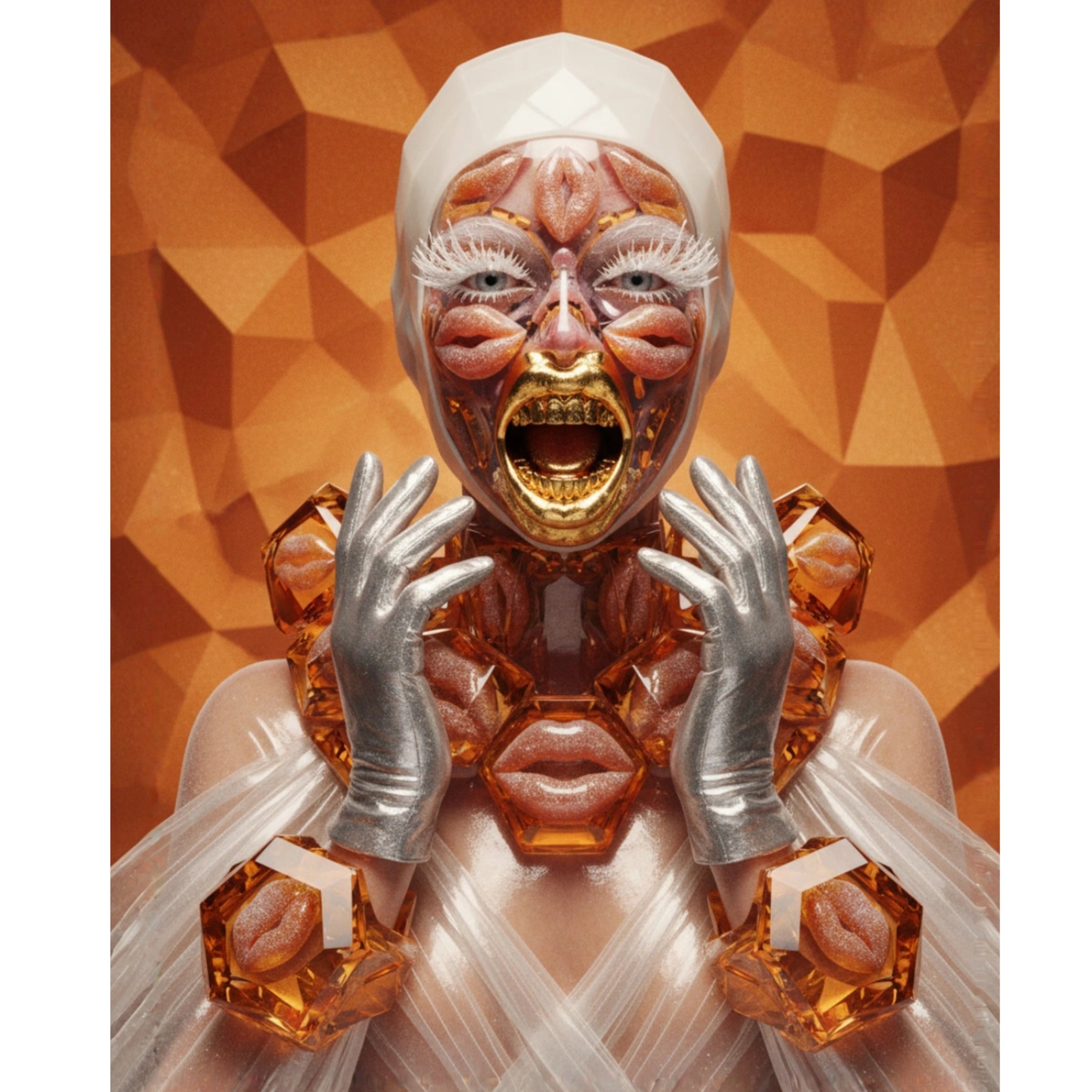 Digital surrealist portrait "Hot Lips" featuring a translucent, glass-like bust filled with hot lips jelly candies accented with gold-fanged teeth and massive geometric high-fashion necklace and bracelets also featuring hot lips jelly candies. Bright orange, burgundy and white colours. Artwork by MizDragonfly.