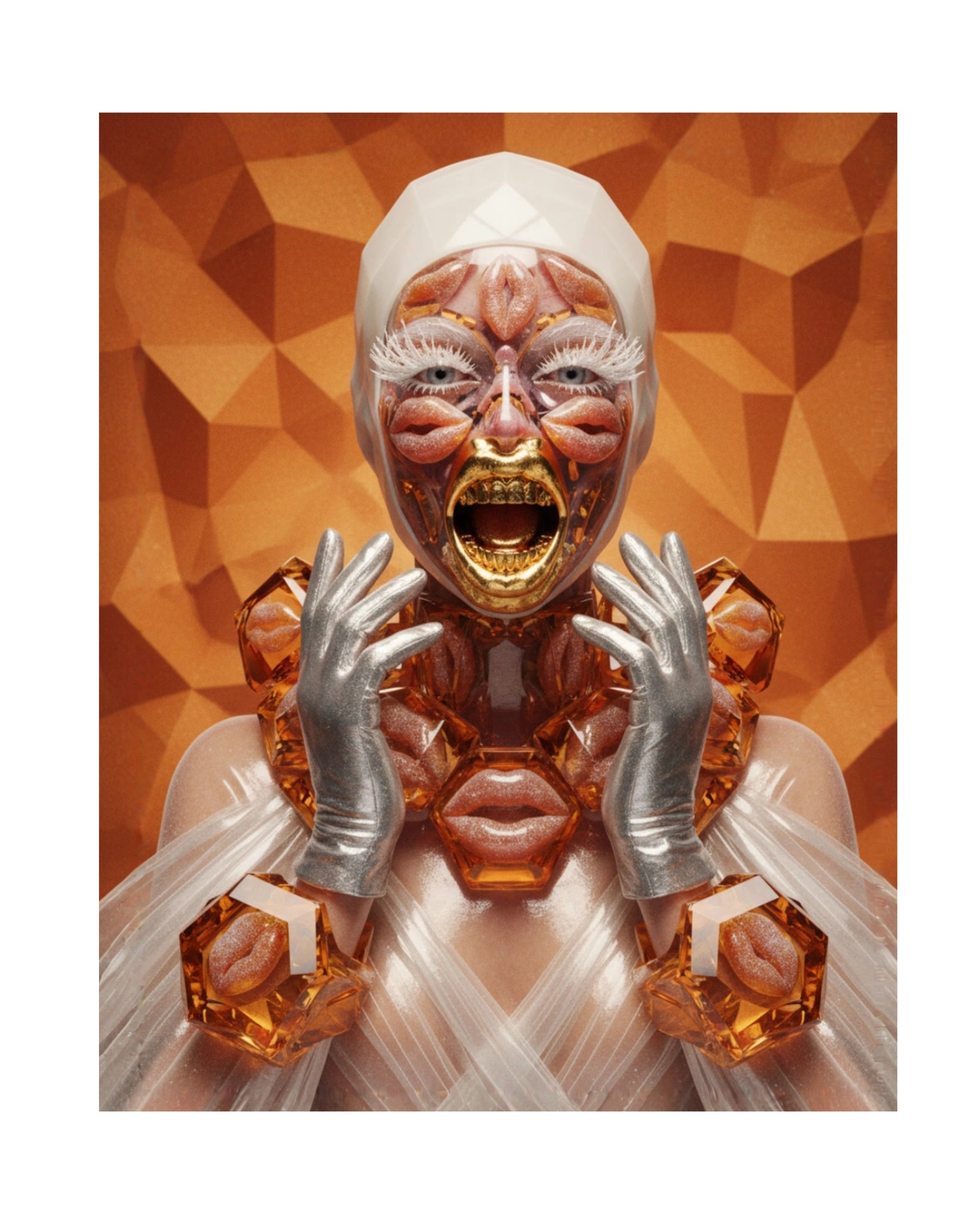 Digital surrealist portrait "Hot Lips" featuring a translucent, glass-like bust filled with hot lips jelly candies accented with gold-fanged teeth and massive geometric high-fashion necklace and bracelets also featuring hot lips jelly candies. Bright orange, burgundy and white colours. Artwork by MizDragonfly.