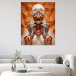 Lifestyle illustration of the "Hot Lips" artwork showing hyper-realistic textures of jelly textures, crystalline skin, and a golden dental fang symbolizing the predatory side of consumerism displayed on a wall in a white modern living room.