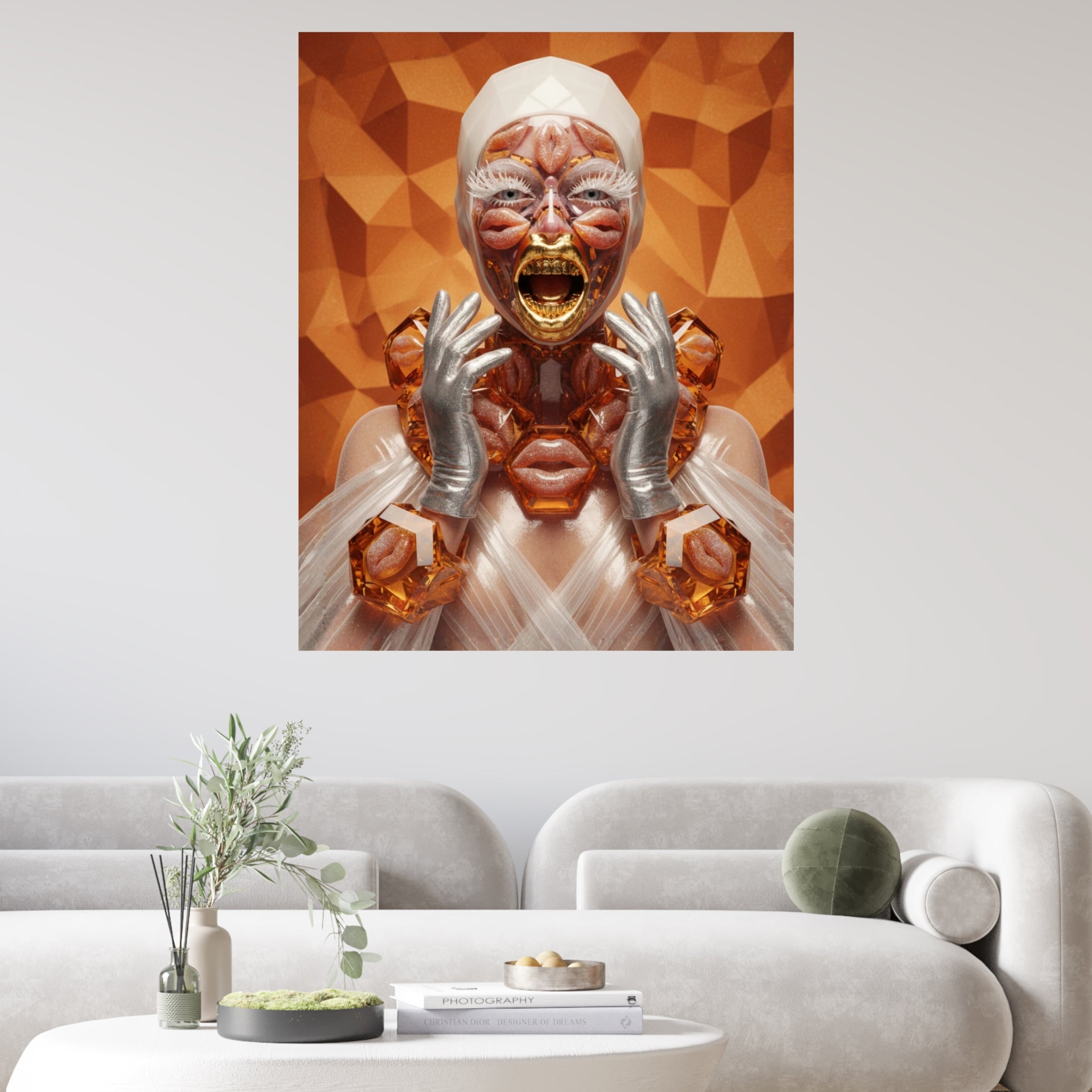 Lifestyle illustration of the "Hot Lips" artwork showing hyper-realistic textures of jelly textures, crystalline skin, and a golden dental fang symbolizing the predatory side of consumerism displayed on a wall in a white modern living room.