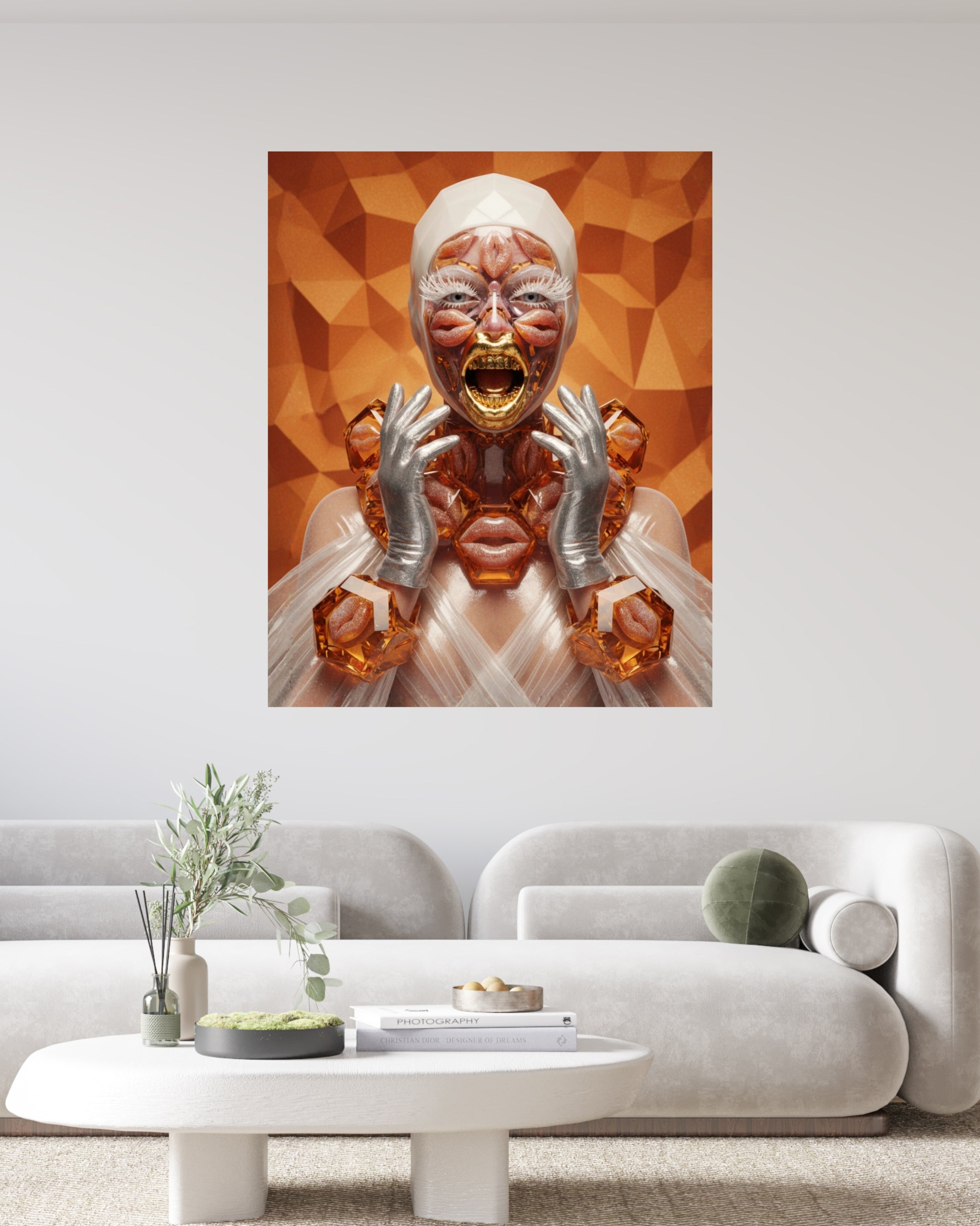 Lifestyle illustration of the "Hot Lips" artwork showing hyper-realistic textures of jelly textures, crystalline skin, and a golden dental fang symbolizing the predatory side of consumerism displayed on a wall in a white modern living room.