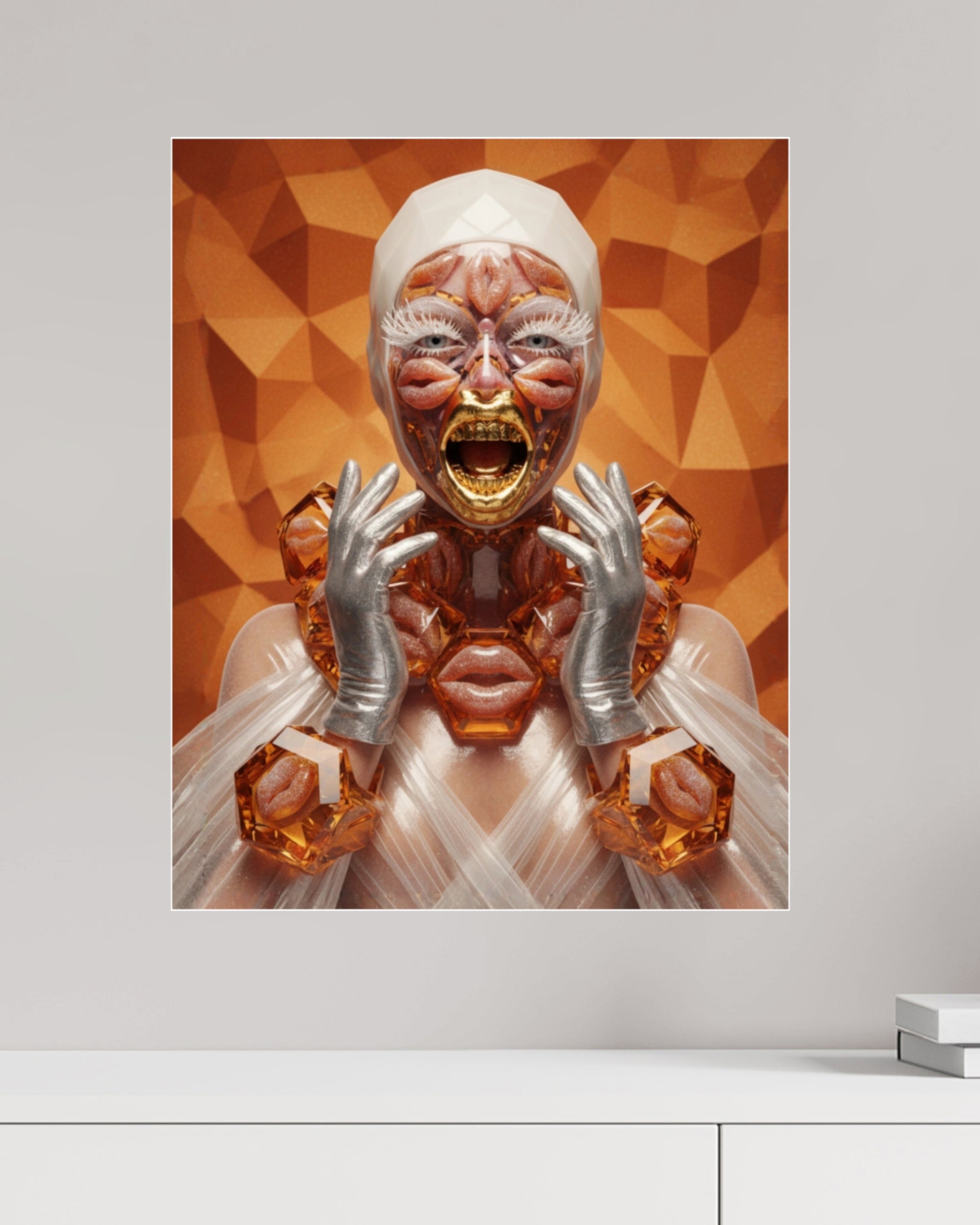 MizDragonfly Sugar Rush Series: Hot Lips fine art displaying red jelly lips, bright orange and white colours with the artwork mounted on a plain office wall. 