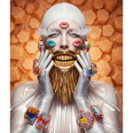 A stylized portrait of a person with a white head covering, white gloves, and a mouth dripping with gold, holding their face with both hands. Face covered in kisses with ears and wrist adorned with candied geometric jewelry. Scene is set against a textured orange background.