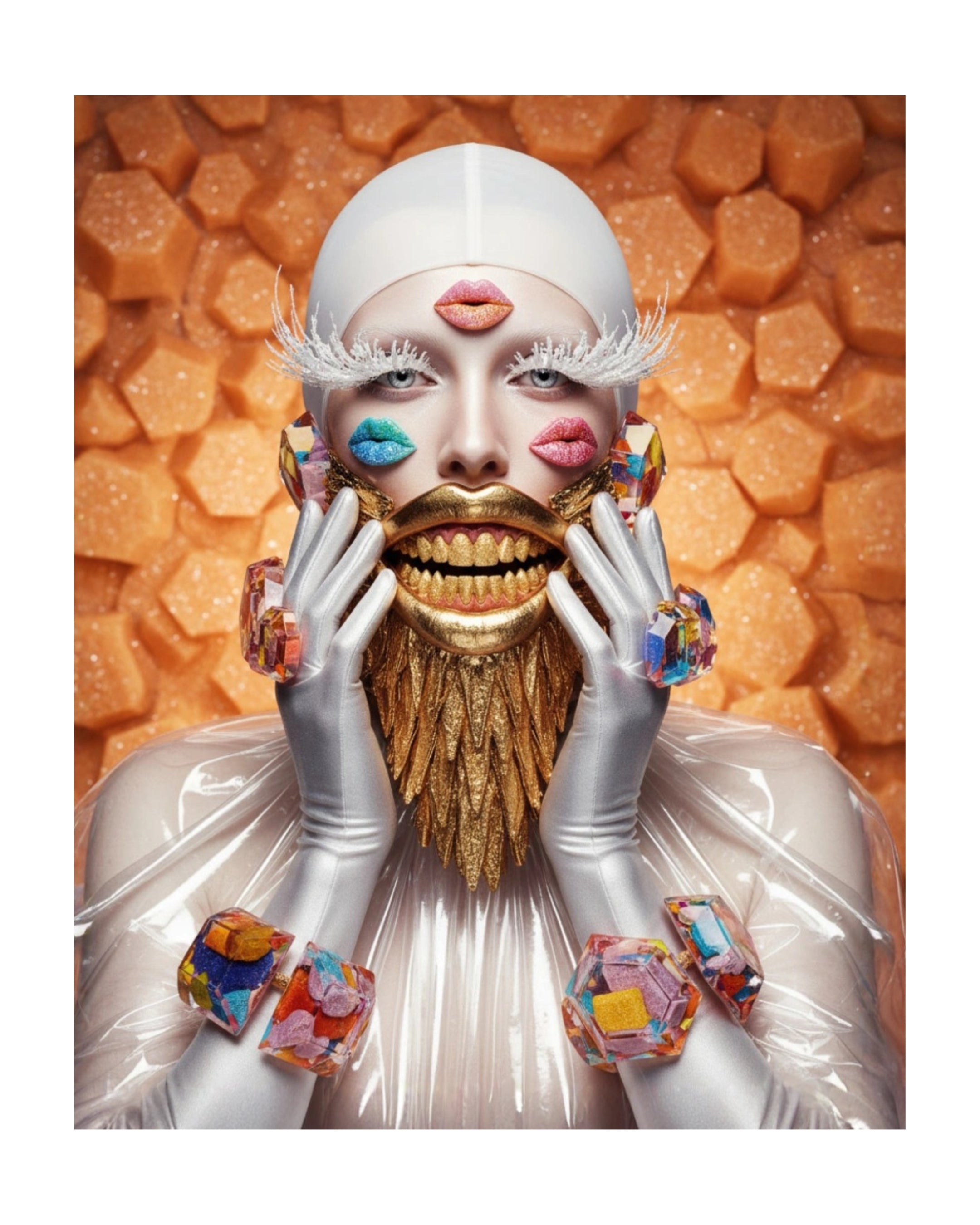 A stylized portrait of a person with a white head covering, white gloves, and a mouth dripping with gold, holding their face with both hands. Face covered in kisses with ears and wrist adorned with candied geometric jewelry. Scene is set against a textured orange background.