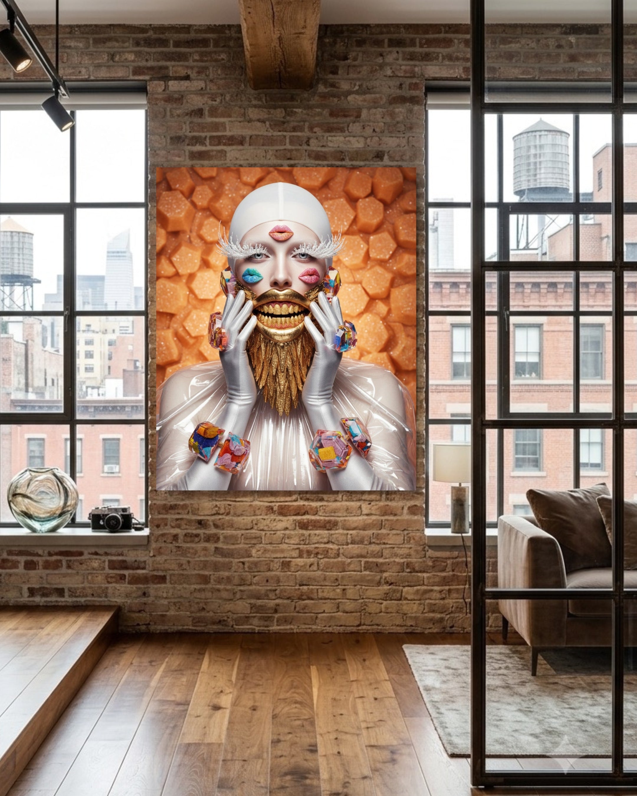 A large canvas wall art print featuring a surreal portrait of a stylized person with a white head covering, white gloves, and a mouth dripping with gold, holding their face with both hands. Face is covered with kisses with ears and wrist adorned with candied geometric jewelry. Scene is set against a textured orange brick wall in a modern loft-style room with wood floors and large windows.