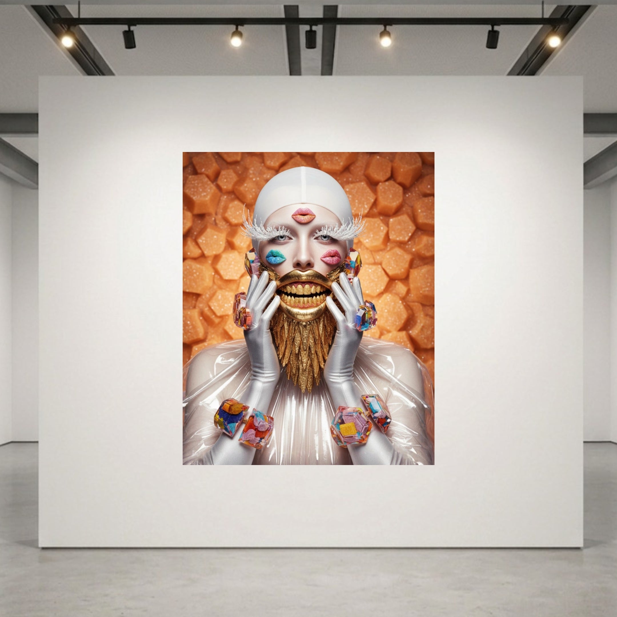 A surreal art print displayed on a large white gallery wall, featuring A stylized portrait of a person with a white head covering, white gloves, and a mouth dripping with gold, holding their face with both hands. Face covered in kisses with ears and wrist adorned with candied geometric jewelry. Scene is set against a textured orange.