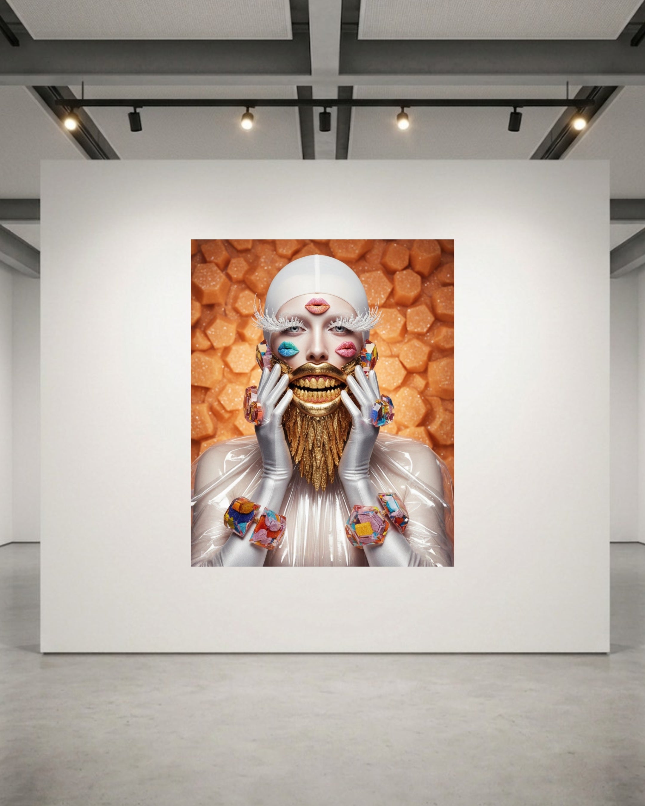 A surreal art print displayed on a large white gallery wall, featuring A stylized portrait of a person with a white head covering, white gloves, and a mouth dripping with gold, holding their face with both hands. Face covered in kisses with ears and wrist adorned with candied geometric jewelry. Scene is set against a textured orange.