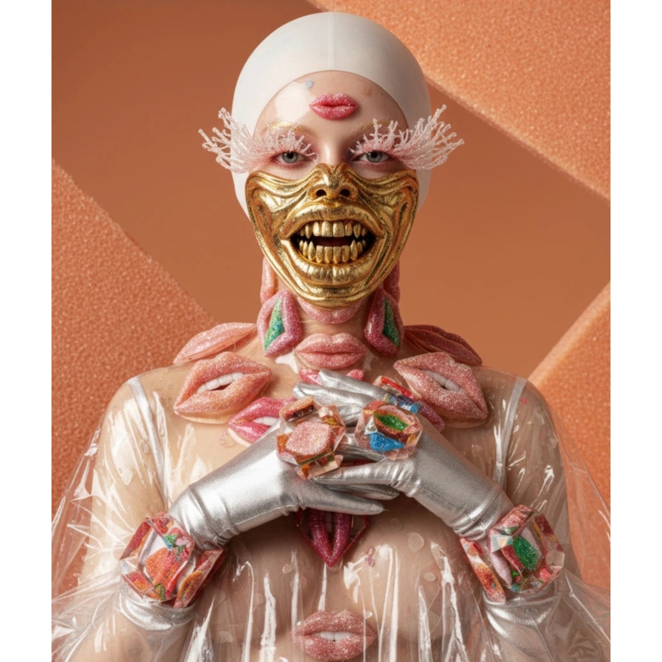 A person wearing a white head covering, a gold face mask, silver gloves, and a clear plastic jacket, with multiple pink lips attached or styled on the face, neck, and chest, posed against a peach-colored textured background. 