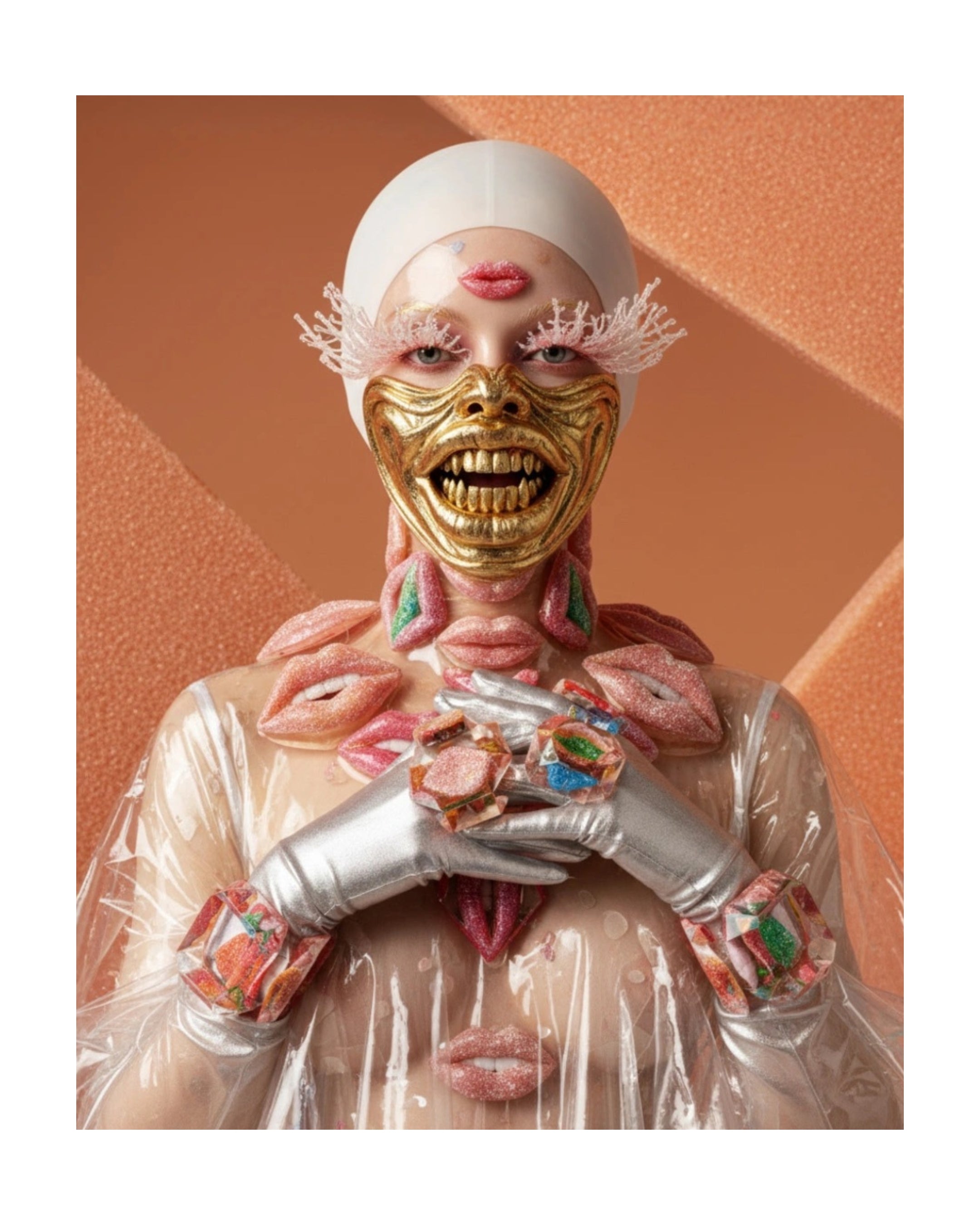 A person wearing a white head covering, a gold face mask, silver gloves, and a clear plastic jacket, with multiple pink lips attached or styled on the face, neck, and chest, posed against a peach-colored textured background. 