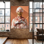 A large vertical canvas print featuring a surreal portrait of a figure with gold grill and teeth, white helmet and pink lips covering her body displayed on a brick wall in a modern loft-style room with wood floors and large windows. 
