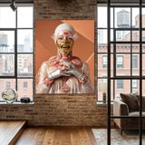 A large vertical canvas print featuring a surreal portrait of a figure with gold grill and teeth, white helmet and pink lips covering her body displayed on a brick wall in a modern loft-style room with wood floors and large windows. 