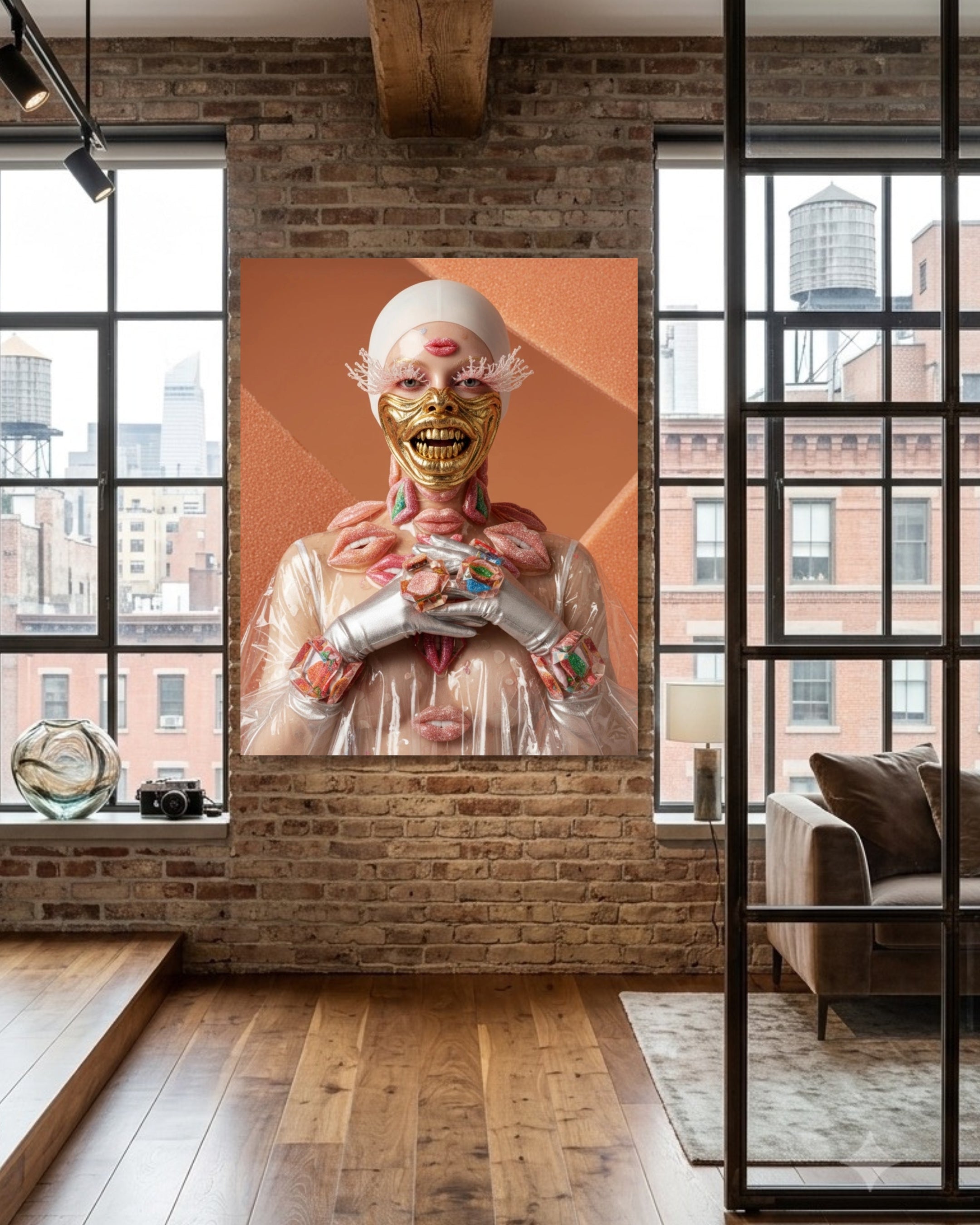 A large vertical canvas print featuring a surreal portrait of a figure with gold grill and teeth, white helmet and pink lips covering her body displayed on a brick wall in a modern loft-style room with wood floors and large windows. 