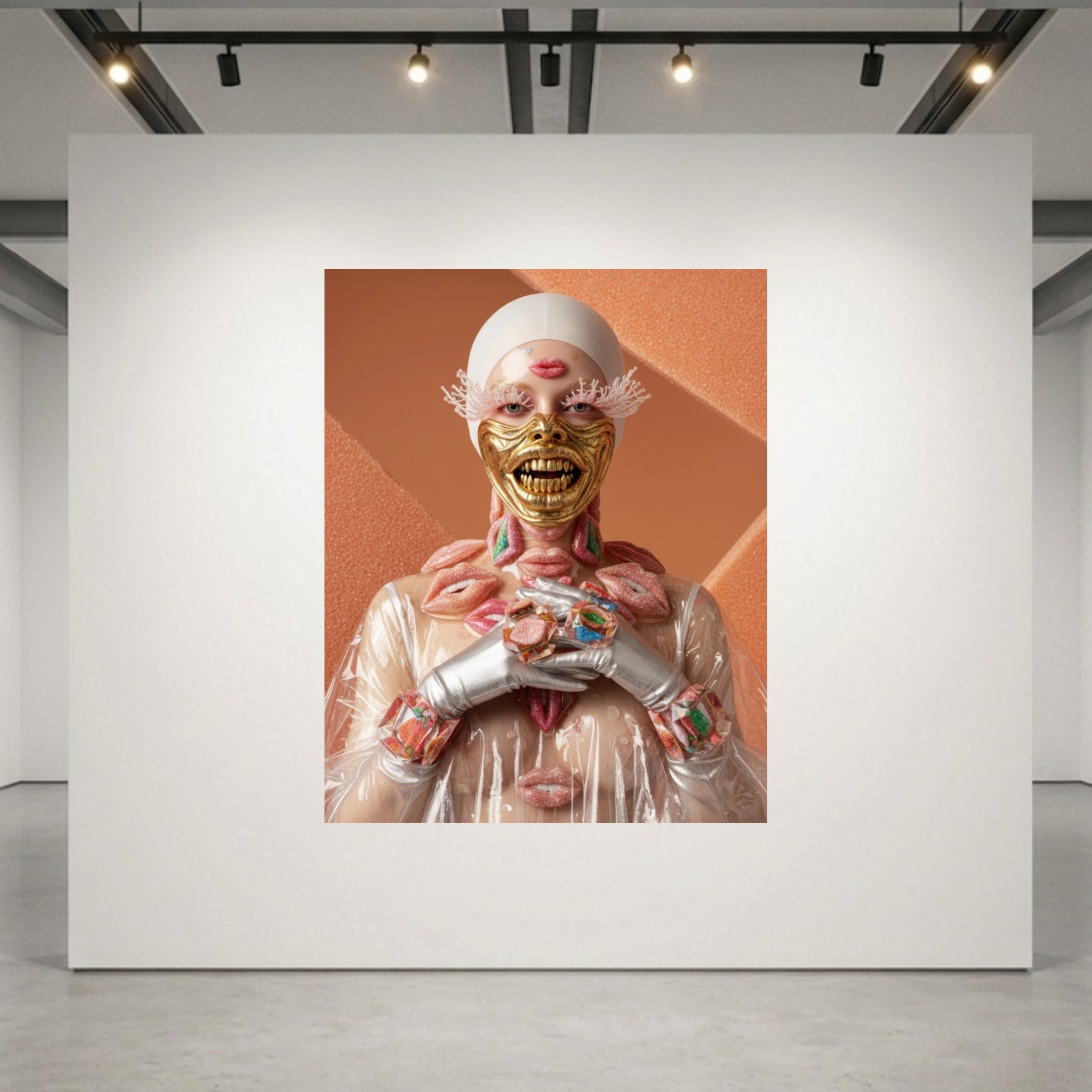 A surreal art print displayed on a large white gallery wall, featuring a figure in a white head covering and clear plastic jacket with exposed pink and gold anatomical details against an orange background.