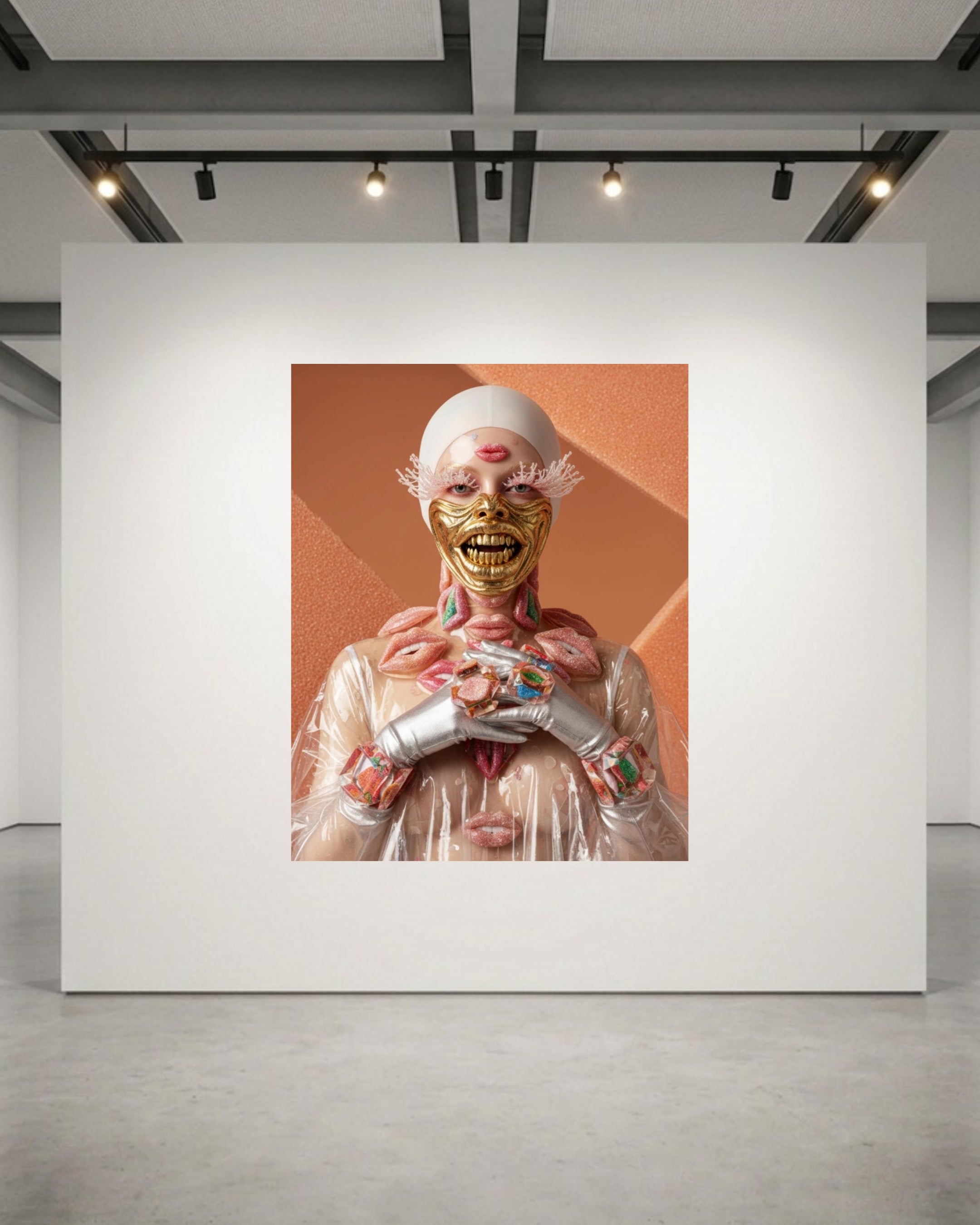 A surreal art print displayed on a large white gallery wall, featuring a figure in a white head covering and clear plastic jacket with exposed pink and gold anatomical details against an orange background.