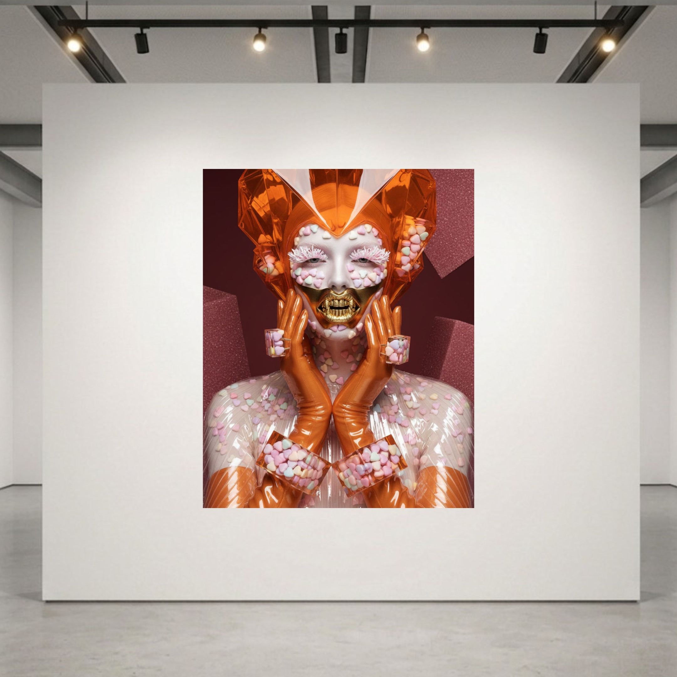 A museum-grade, Queen of Hearts artwork surrealist print by MizDragonfly displayed on a minimalist wall in a stylish, contemporary New York gallery.
