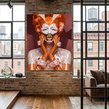 A large, modern black-framed Queen of Hearts artwork print by MizDragonfly displayed on a minimalist wall in a stylish, contemporary New York loft living room brick wall.