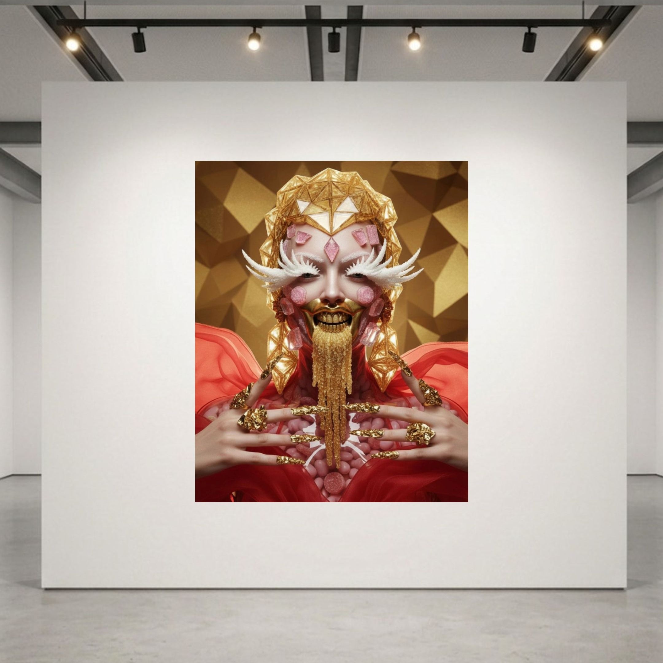 Museum-grade, luxurious art print under acrylic glass by MizDragonfly hanging on a sleek gallery white wall within a high-end, modern New York gallery