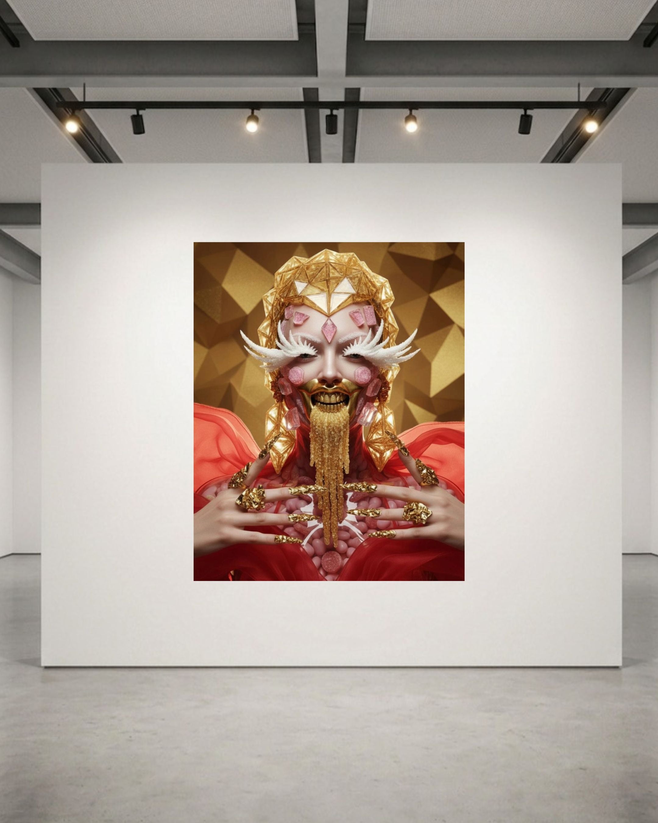 Museum-grade, luxurious art print under acrylic glass by MizDragonfly hanging on a sleek gallery white wall within a high-end, modern New York gallery