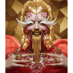 Sugarcoated digital fine art print by MizDragonfly featuring a surrealist portrait with expressive sugar eyelashes, a geometric gold sugar helmet, and liquid gold sugar cascading from the gold sugar mouth 