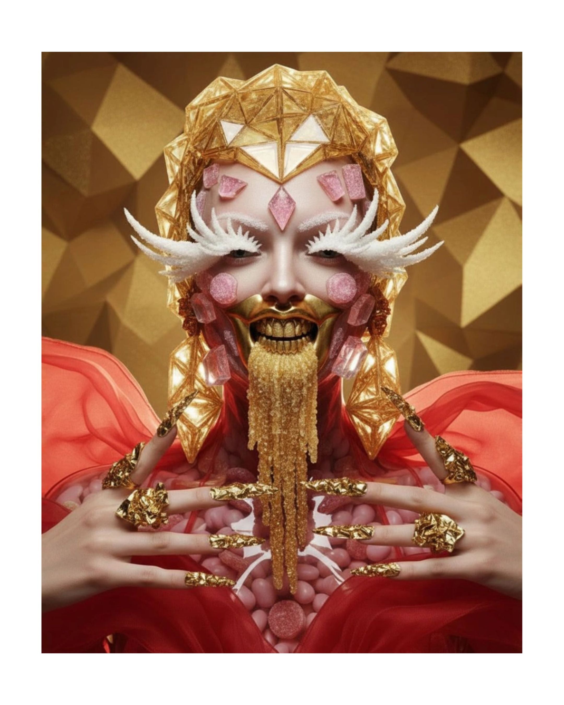 Sugarcoated digital fine art print by MizDragonfly featuring a surrealist portrait with expressive sugar eyelashes, a geometric gold sugar helmet, and liquid gold sugar cascading from the gold sugar mouth 
