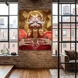 Luxurious art print under acrylic glass by MizDragonfly of the Sugarcoated artwork featuring a woman wearing a gold geometric sugar helmet expressive mouth and eyes with an outfit filled with pink candy hanging on a brick wall in a luxurious New York loft