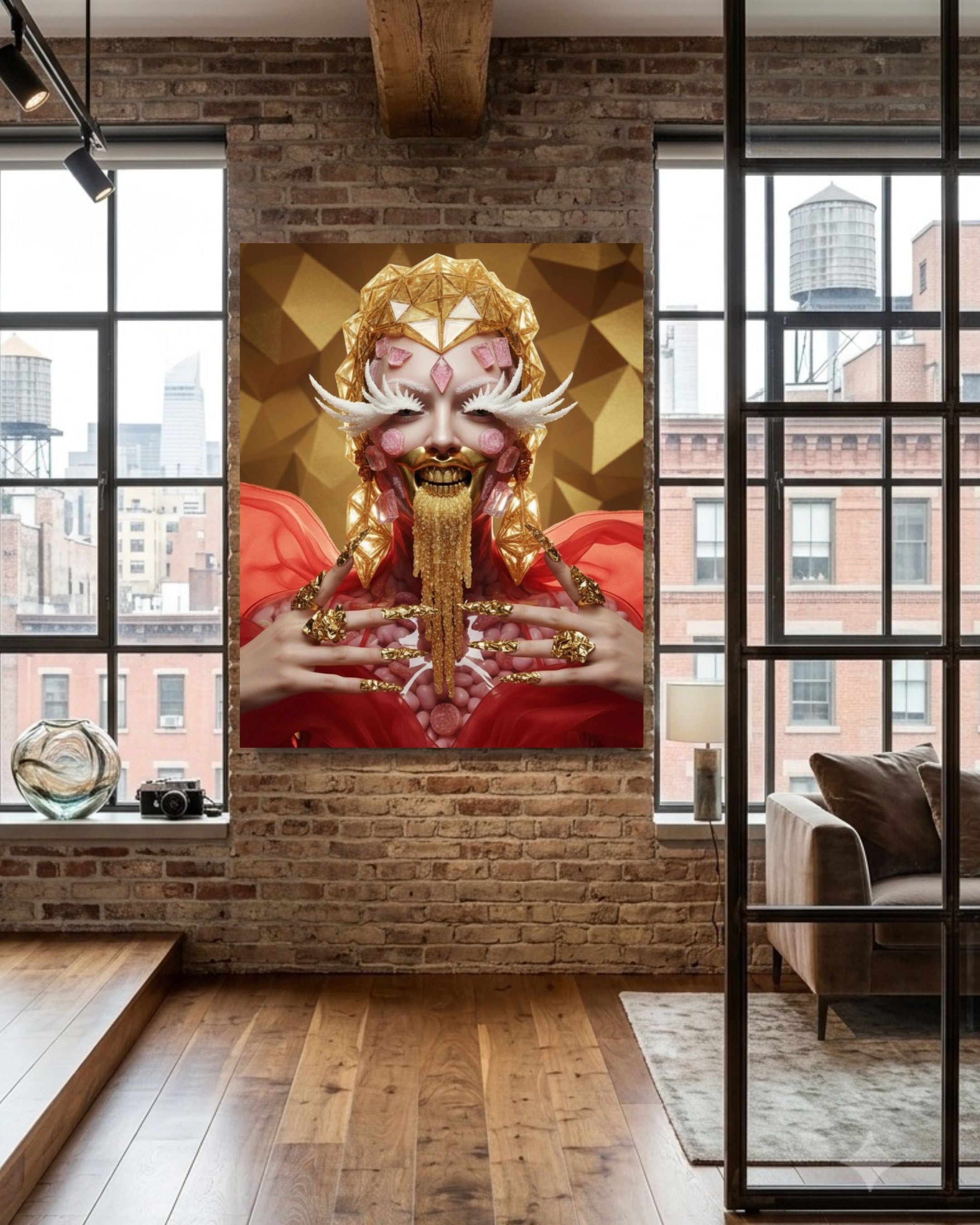 Luxurious art print under acrylic glass by MizDragonfly of the Sugarcoated artwork featuring a woman wearing a gold geometric sugar helmet expressive mouth and eyes with an outfit filled with pink candy hanging on a brick wall in a luxurious New York loft
