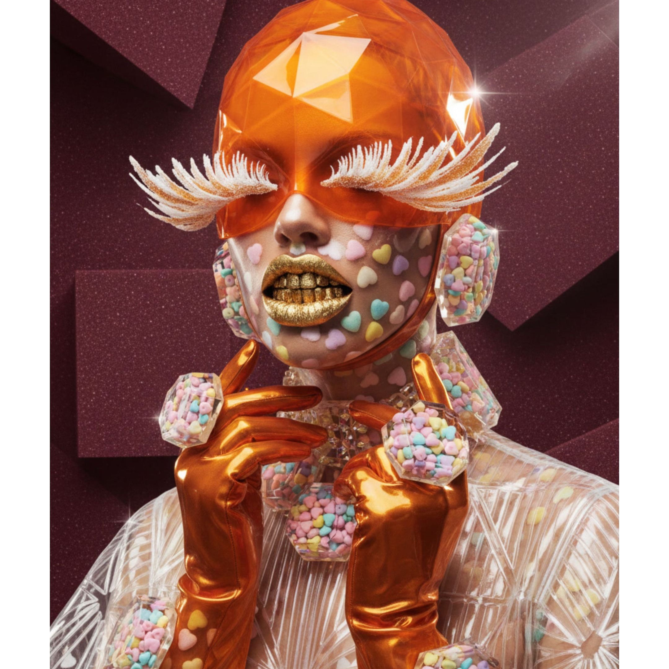Sweet Talker digital fine art print by MizDragonfly featuring a surrealist portrait with a tilted head, frosted white eyelashes covering the eyes, and a textured gold grill