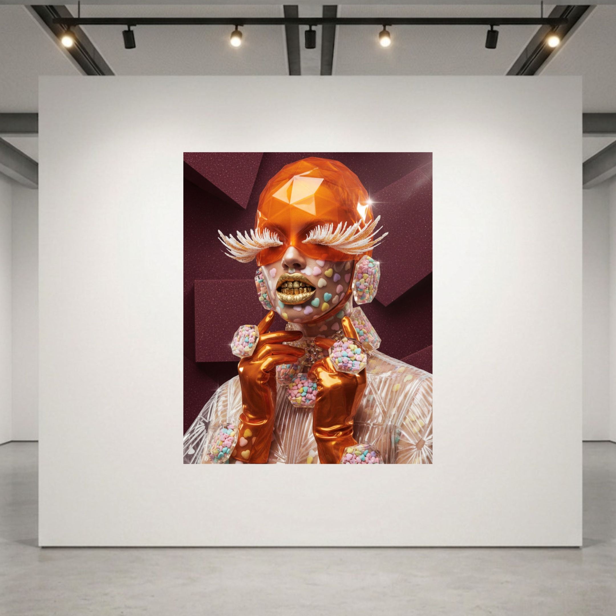 Museum-grade of the Sweet Talker fine art print from the Sugar Rush Series by MizDragonfly displayed on a white wall in a New York gallery