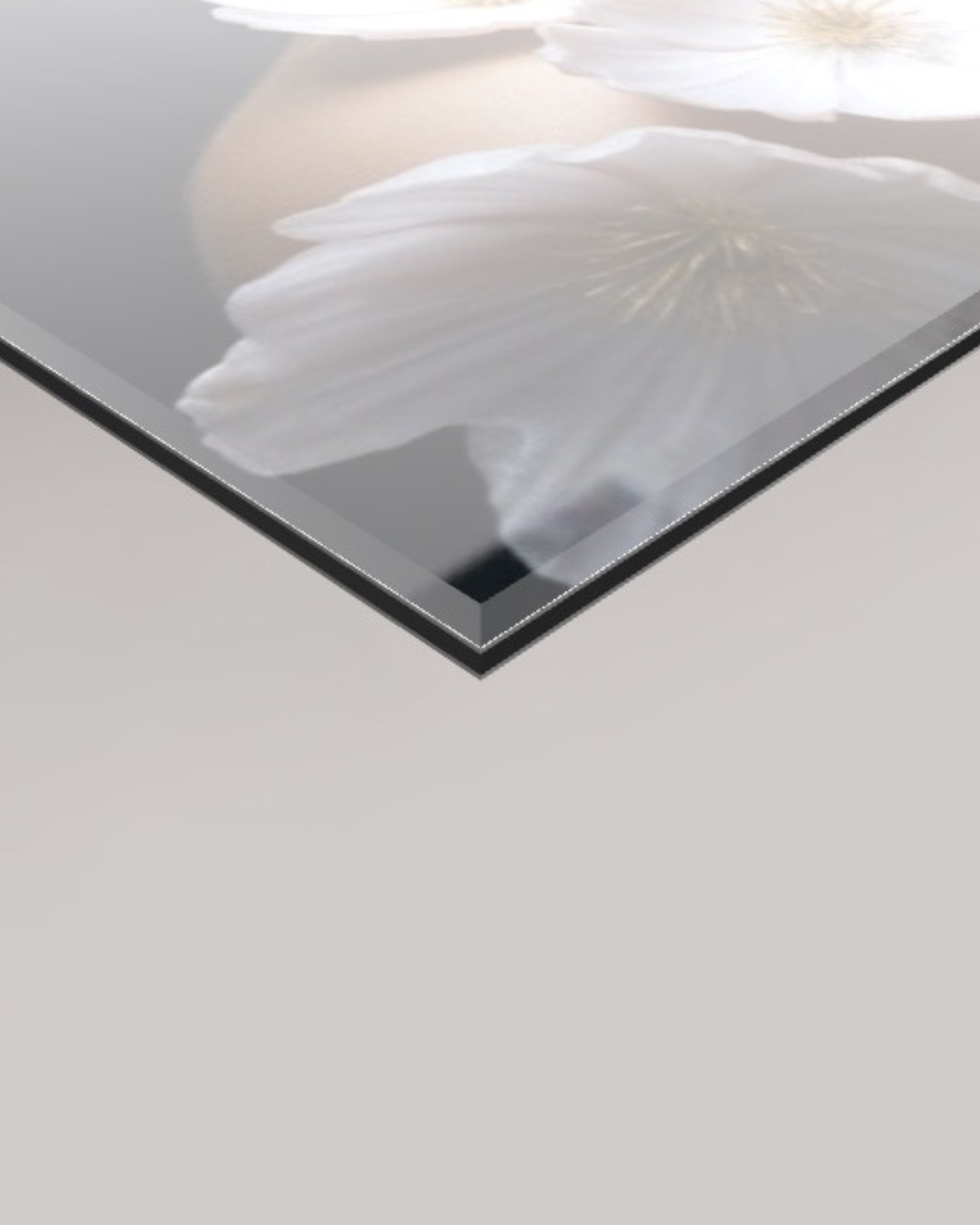 A close-up of a glossy rectangular 4mm acrylic glass frame panel showing a soft reflection of pink flowers, set against a light grey background.