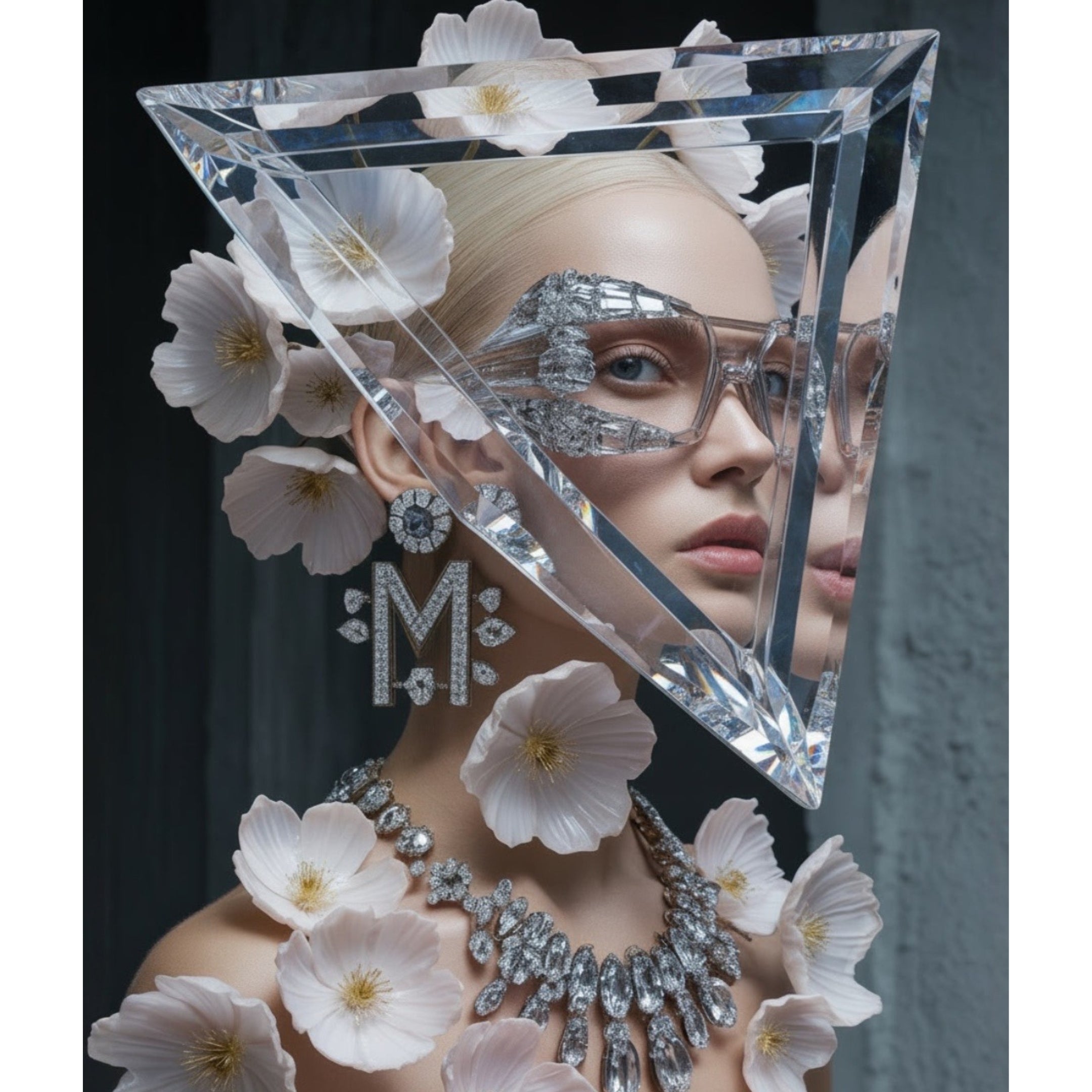 A fashion editorial portrait of a model wearing a large triangular clear crystal frame over her face, paired with a diamond necklace and earrings with "M" monogram, decorated with pale pink flowers against a dark grey background. Limited edition surreal artwork by MizDragonfly.