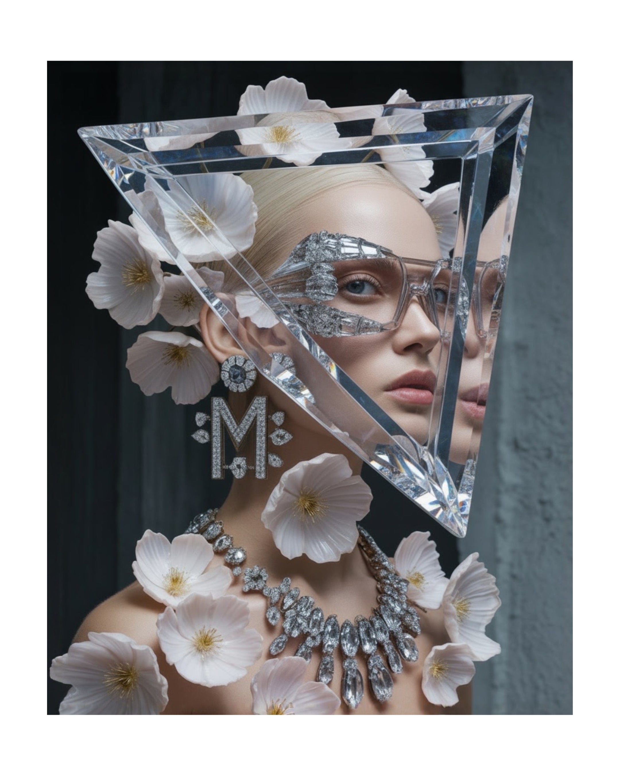 A fashion editorial portrait of a model wearing a large triangular clear crystal frame over her face, paired with a diamond necklace and earrings with "M" monogram, decorated with pale pink flowers against a dark grey background. Limited edition surreal artwork by MizDragonfly.