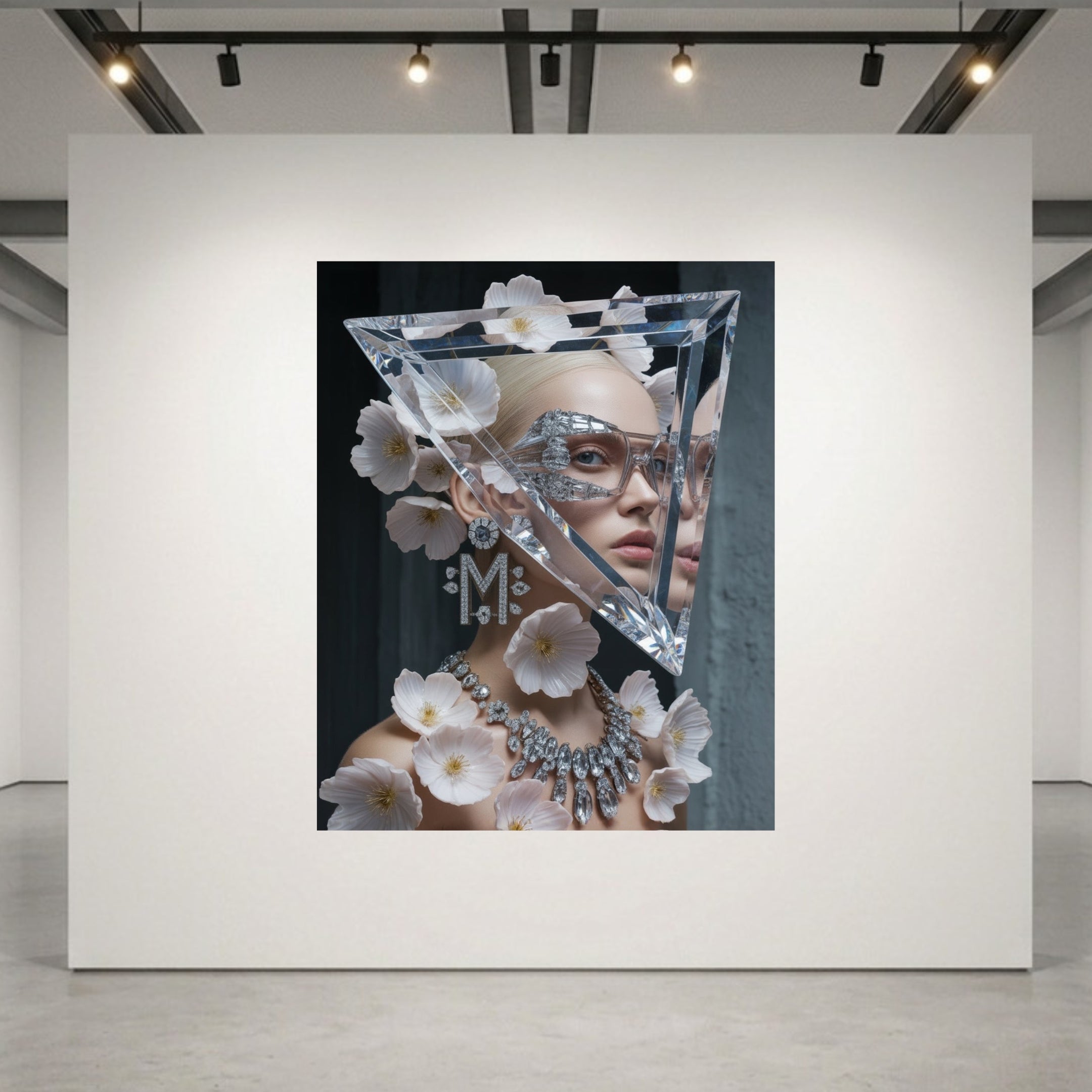 A fashion artwork set in a luxurious museum-grade acrylic glass frame displayed on a large white gallery wall, featuring a woman with a triangular crystal headpiece adorned with pale pink flowers, diamond "M" monogram earrings with matching diamond necklace set on a dark background.