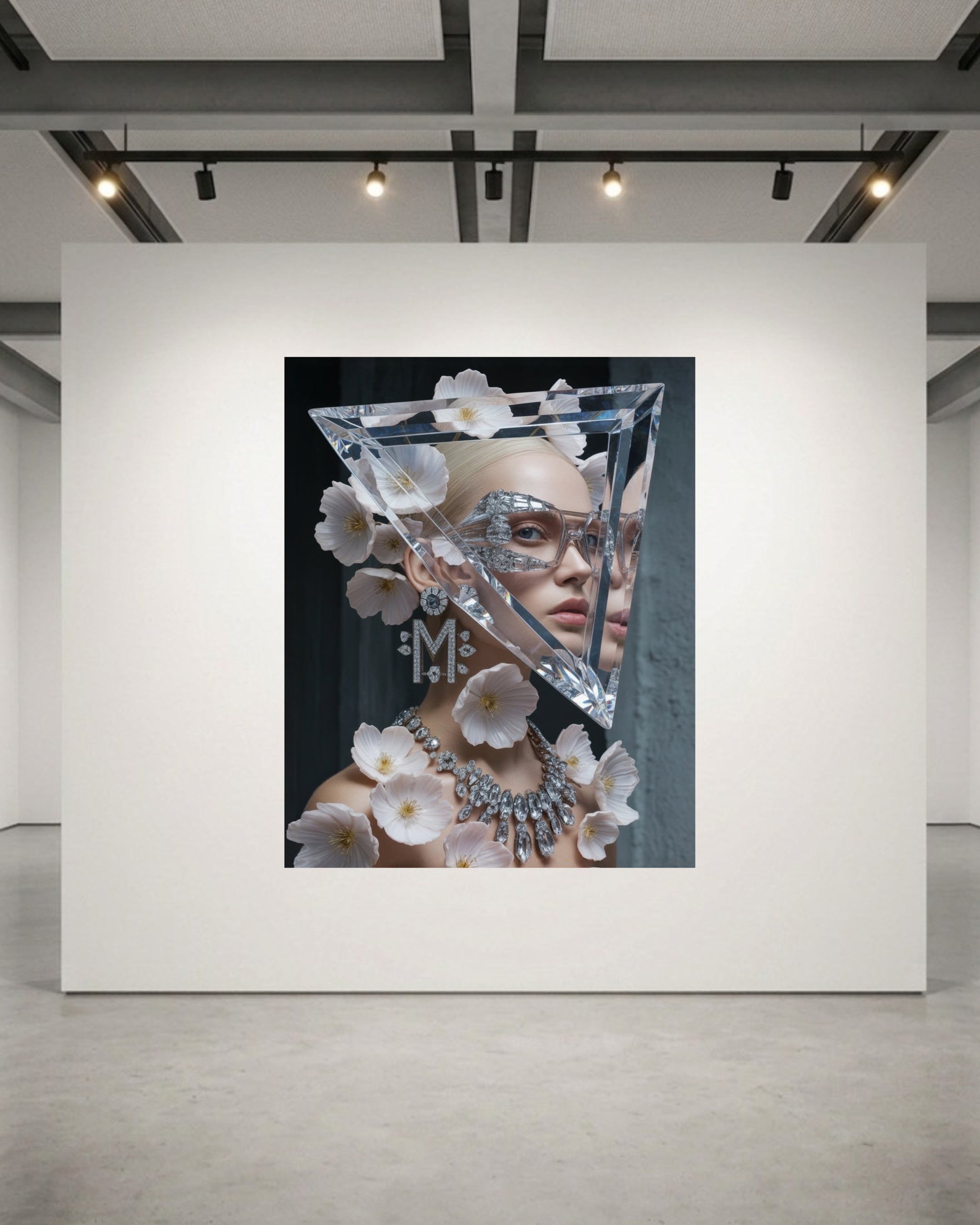 A fashion artwork set in a luxurious museum-grade acrylic glass frame displayed on a large white gallery wall, featuring a woman with a triangular crystal headpiece adorned with pale pink flowers, diamond "M" monogram earrings with matching diamond necklace set on a dark background.