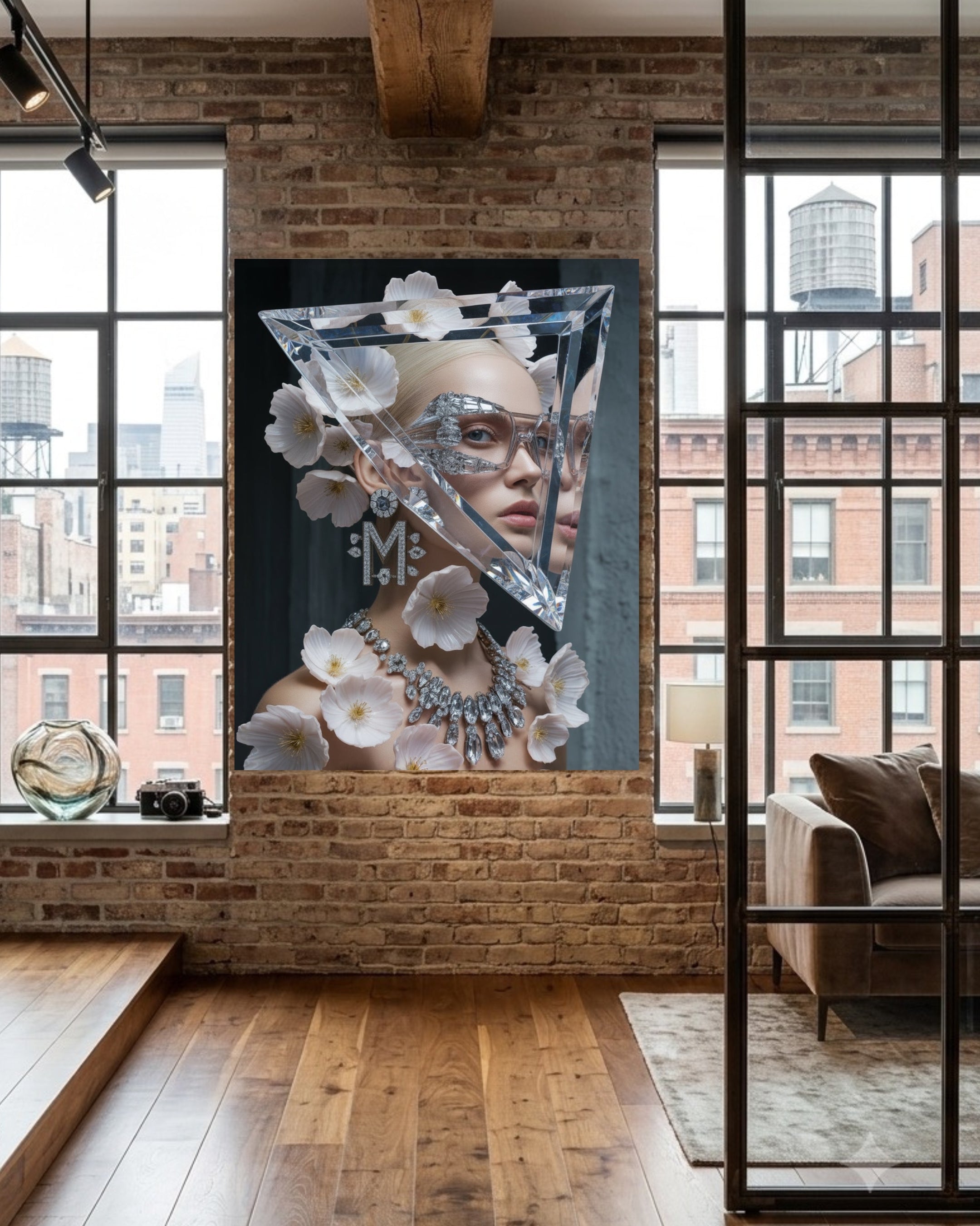 A large framed wall art print featuring a stylized portrait of a woman with triangular glass headpiece adorned with pink flowers, diamond earrings and necklace, displayed on a brick wall in a modern loft interior with wood floors and large windows.