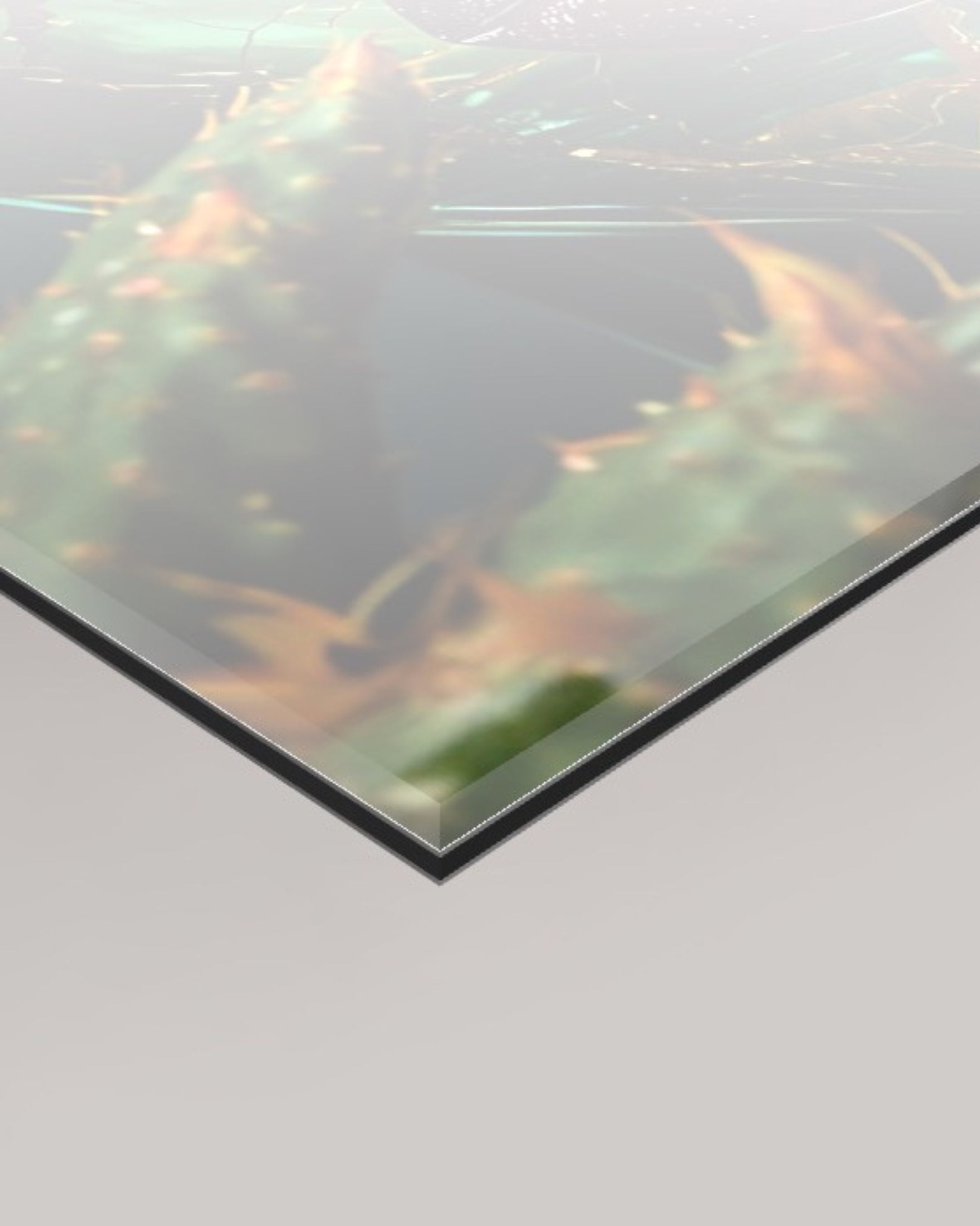 A close-up angled view of a 4mm glossy rectangular panel reflecting the MizDragonfly Vampire Rejuvenation series artwork 
