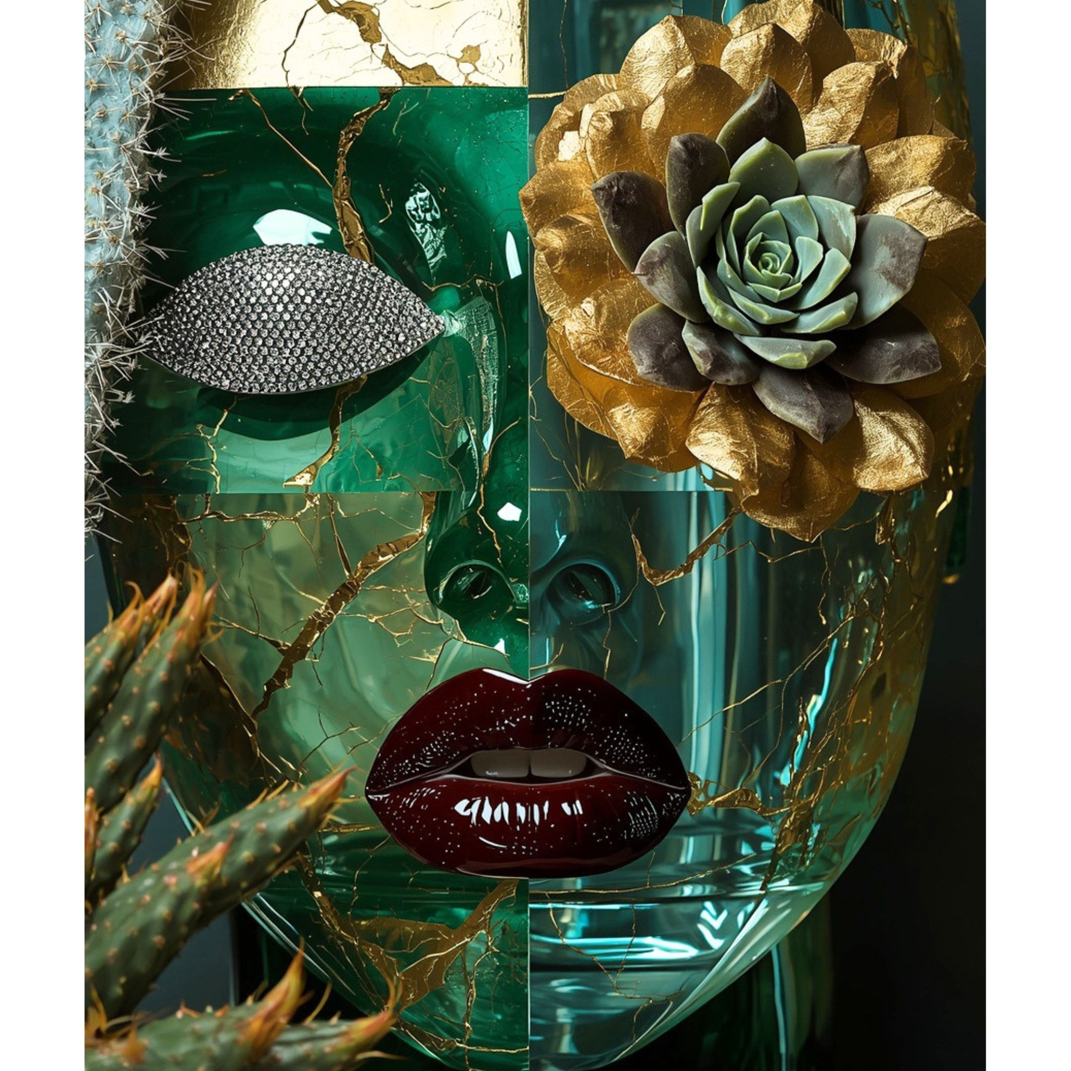 A decorative sculptural face made from translucent teal glass with gold marbling, a textured metallic diamond eye, glossy dark red lips, and a large gold-and-green succulent on the eye lip and cheek, shown against a dark cacti background. 